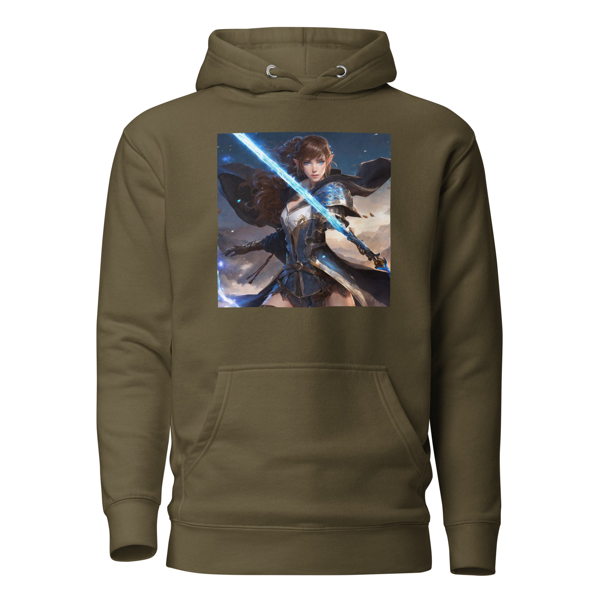 Elven Defender Women's Fantasy Anime Hoodie Military Green