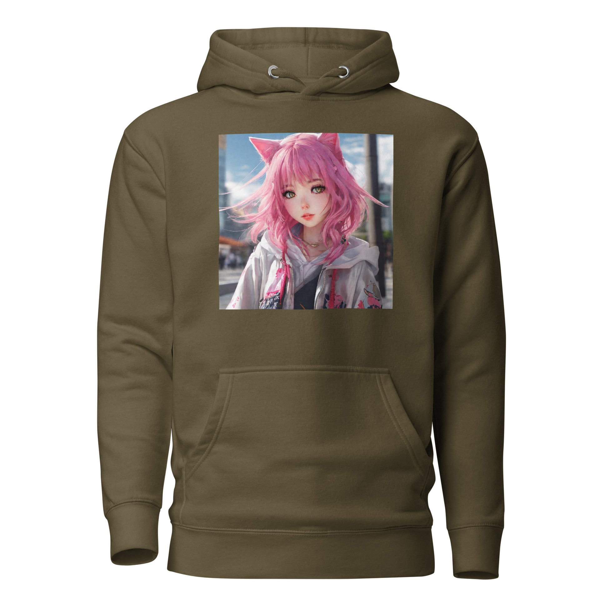 Cute Girl with Cat Ears and Pink Hair Women's Anime Hoodie Military Green