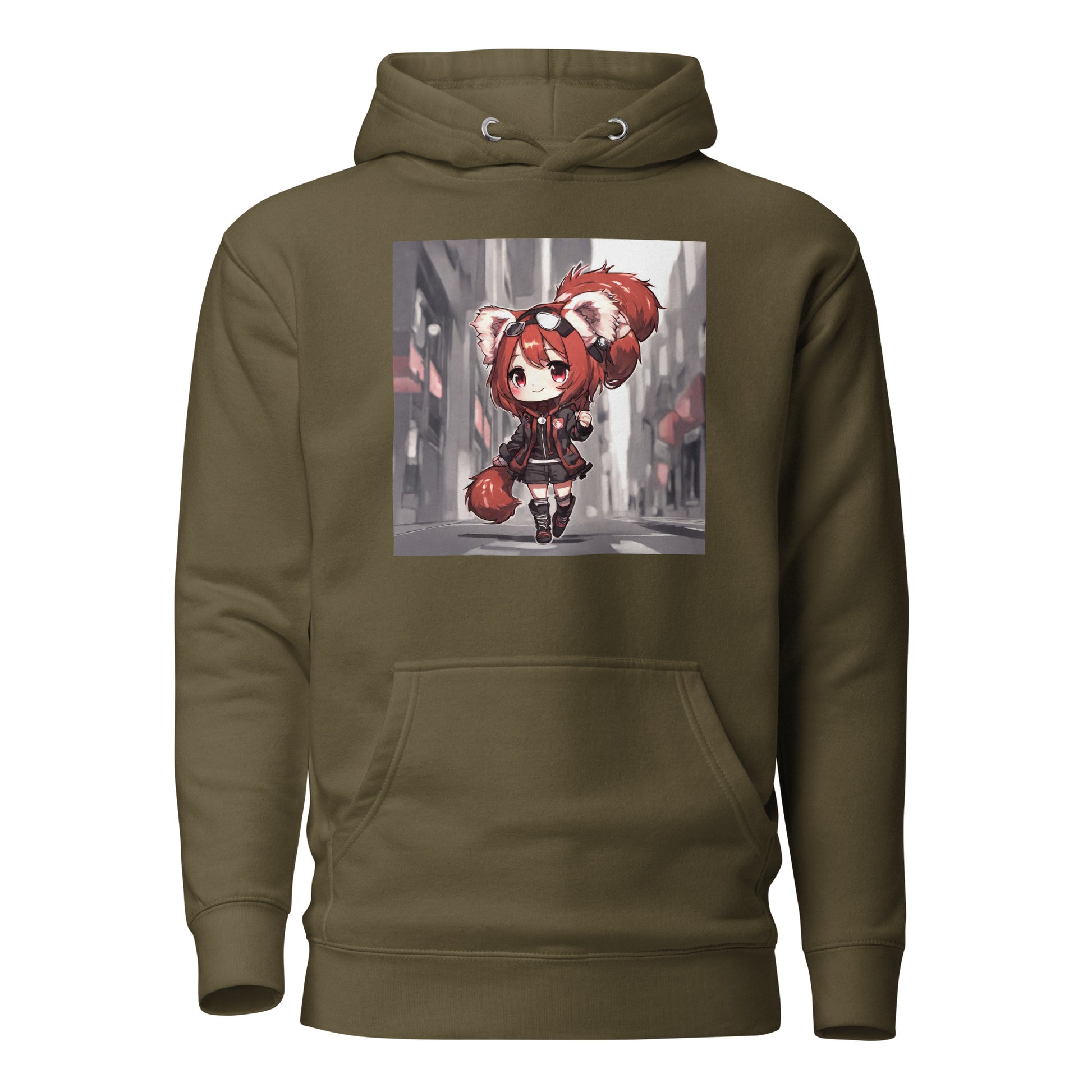 Red Panda Girl Women's Anime Hoodie Military Green