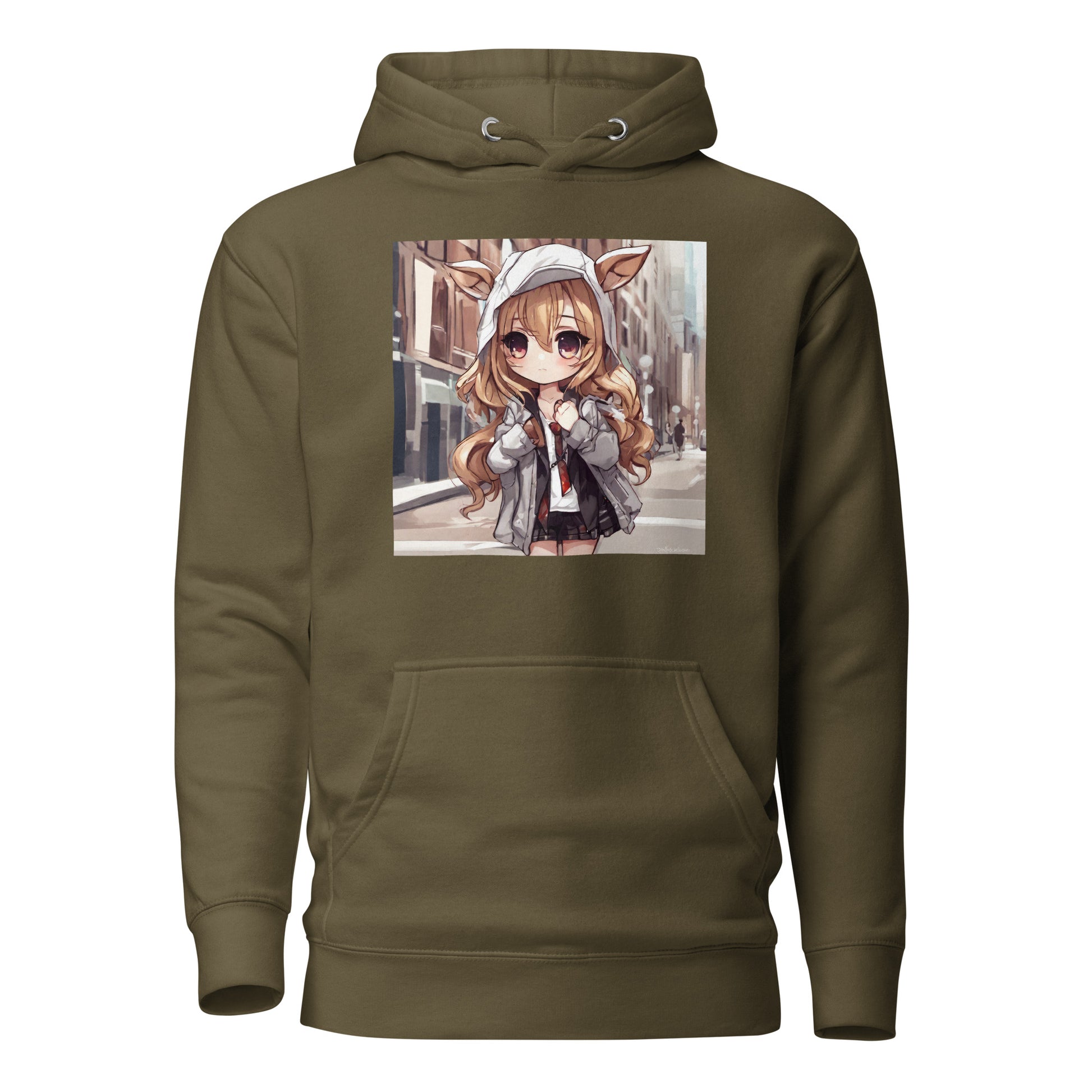 Deer Girl Women's Anime Hoodie Military Green