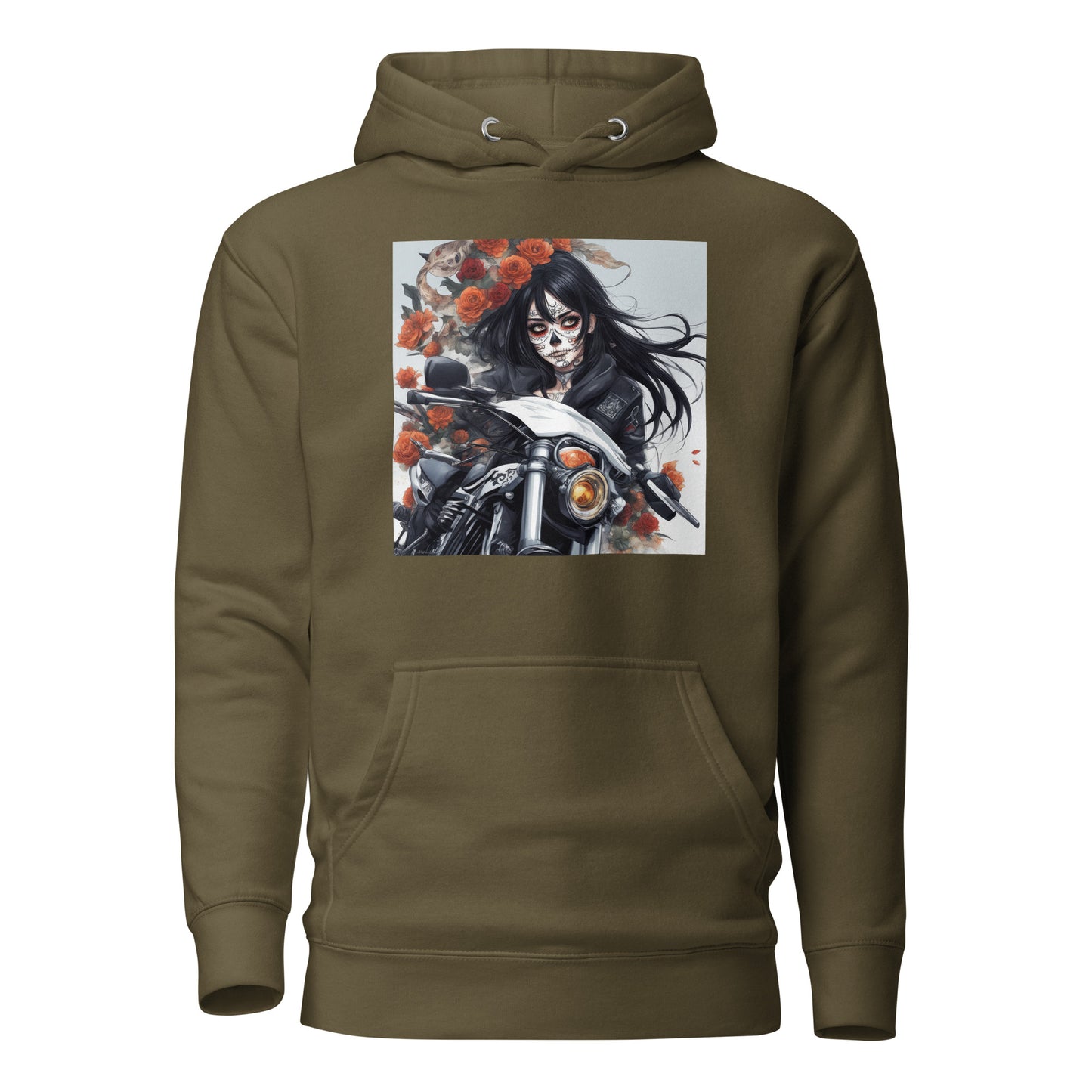 Day of the Dead Biker Close Up Women's Anime Hoodie Military Green