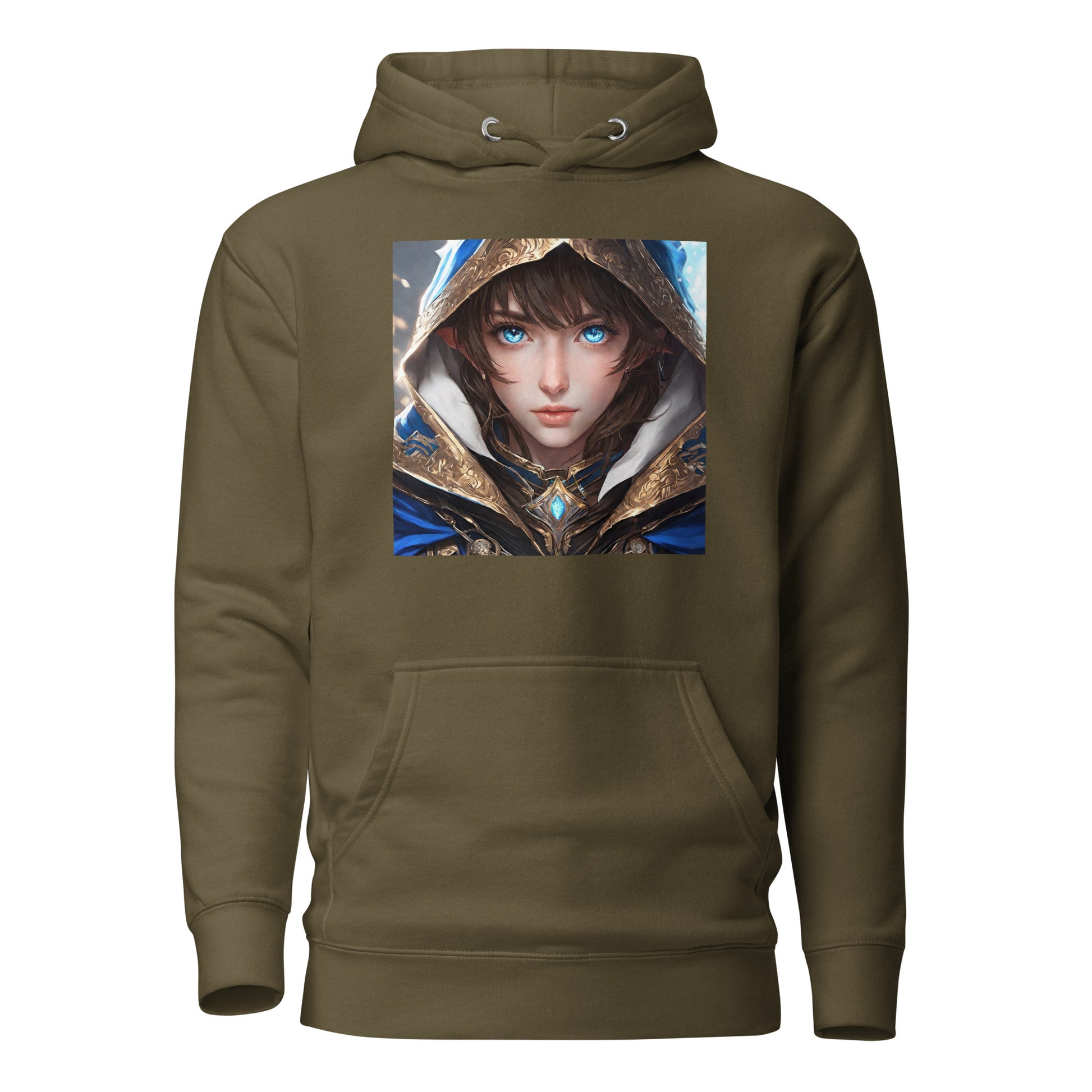 Blue-Eyed Elven Warrior Women's Anime Hoodie Military Green