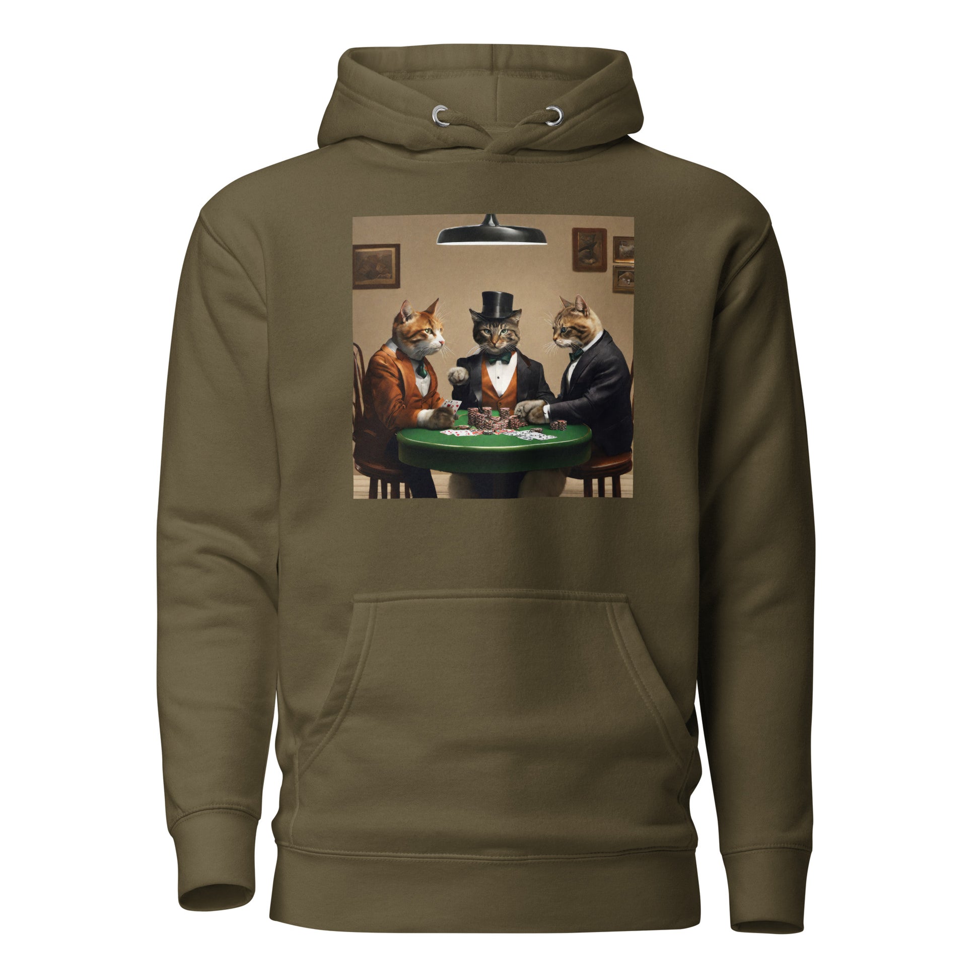 Cats Playing Poker Women's Funny Hoodie Military Green