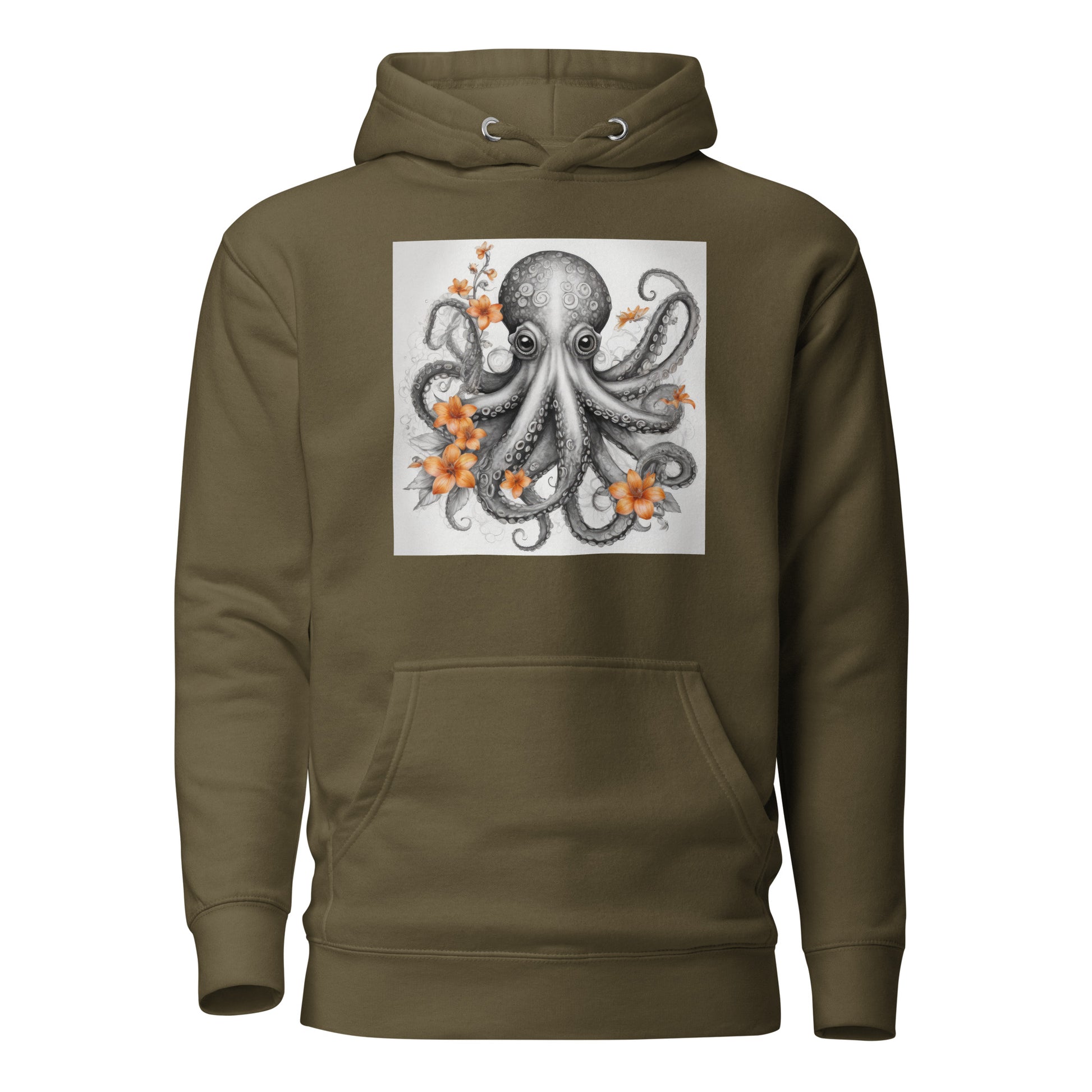 Octopus with Orange Flowers Women's Animal Lover Hoodie Military Green