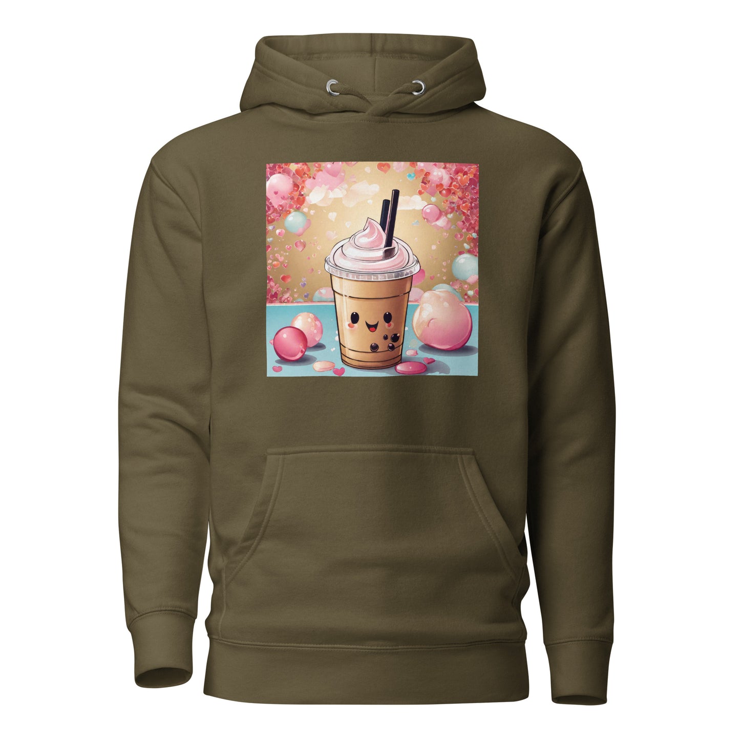 Cute Bubble Milk Tea Women's Boba Hoodie Military Green