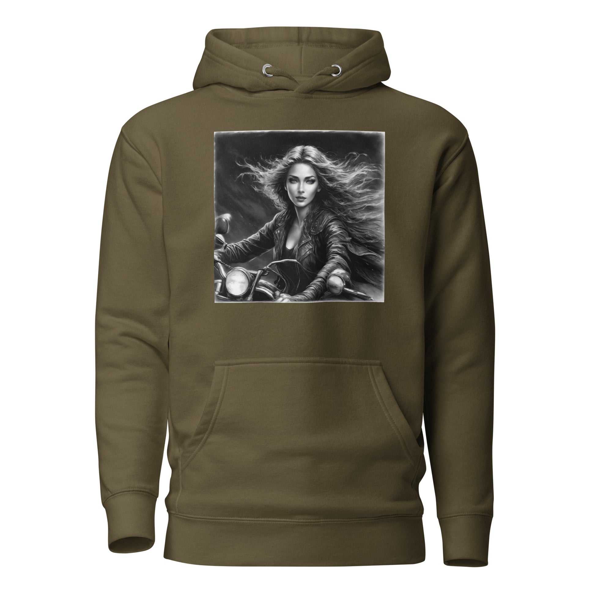 Woman Riding Motorcycle Hoodie Military Green