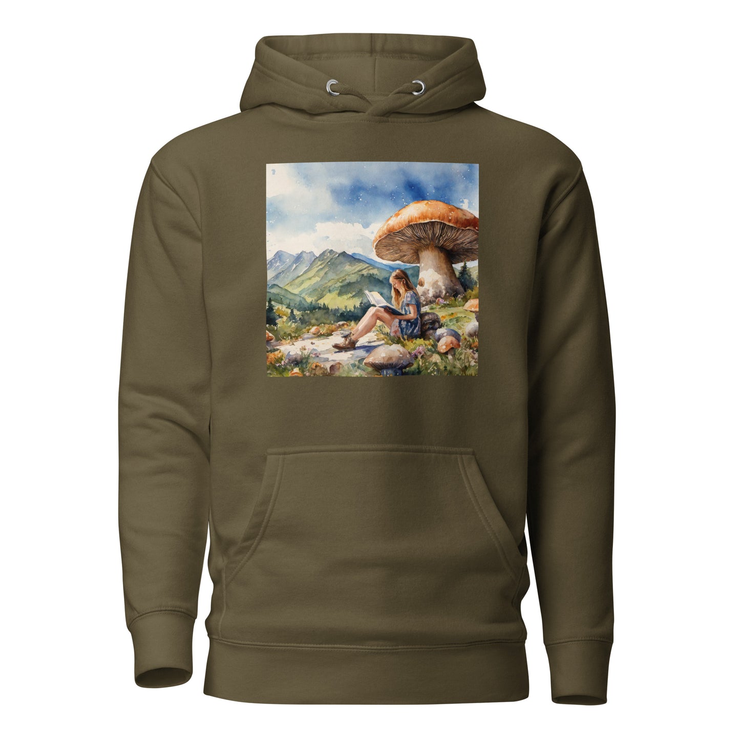 Woman Reading a Book under Large Mushroom Women's Book Lover Hoodie Military Green