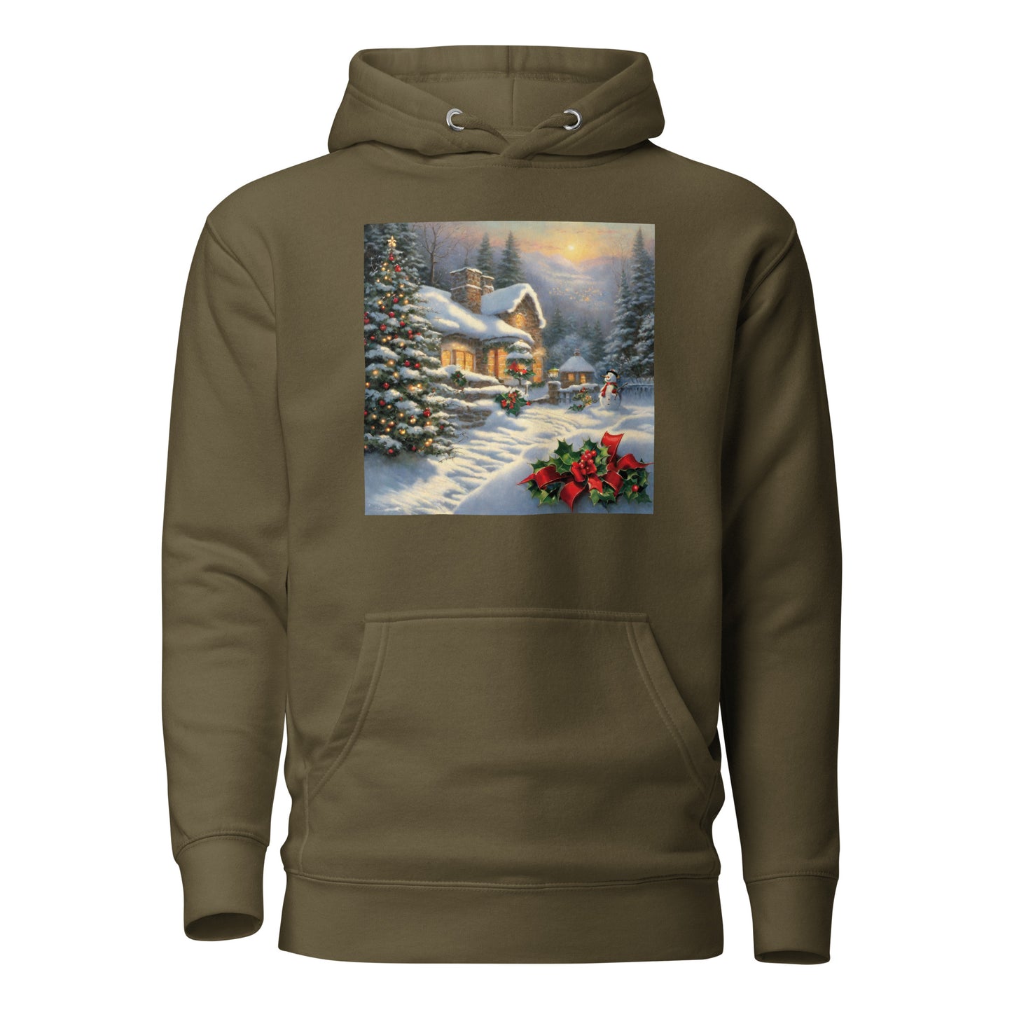 Snowy Winter Scene Women's Christmas Hoodie Military Green