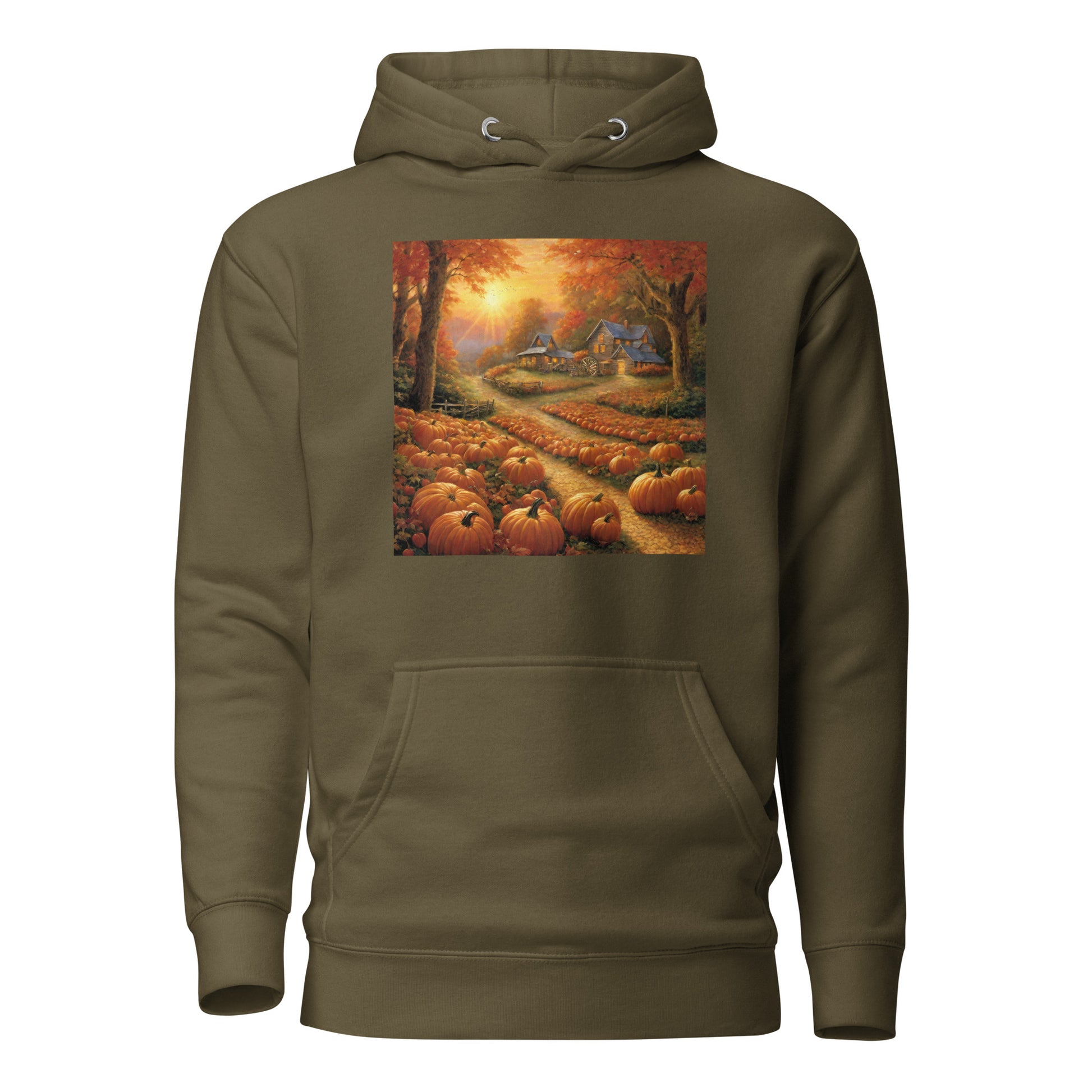 Fall Pumpkin Scene Women's Autumn Hoodie Military Green