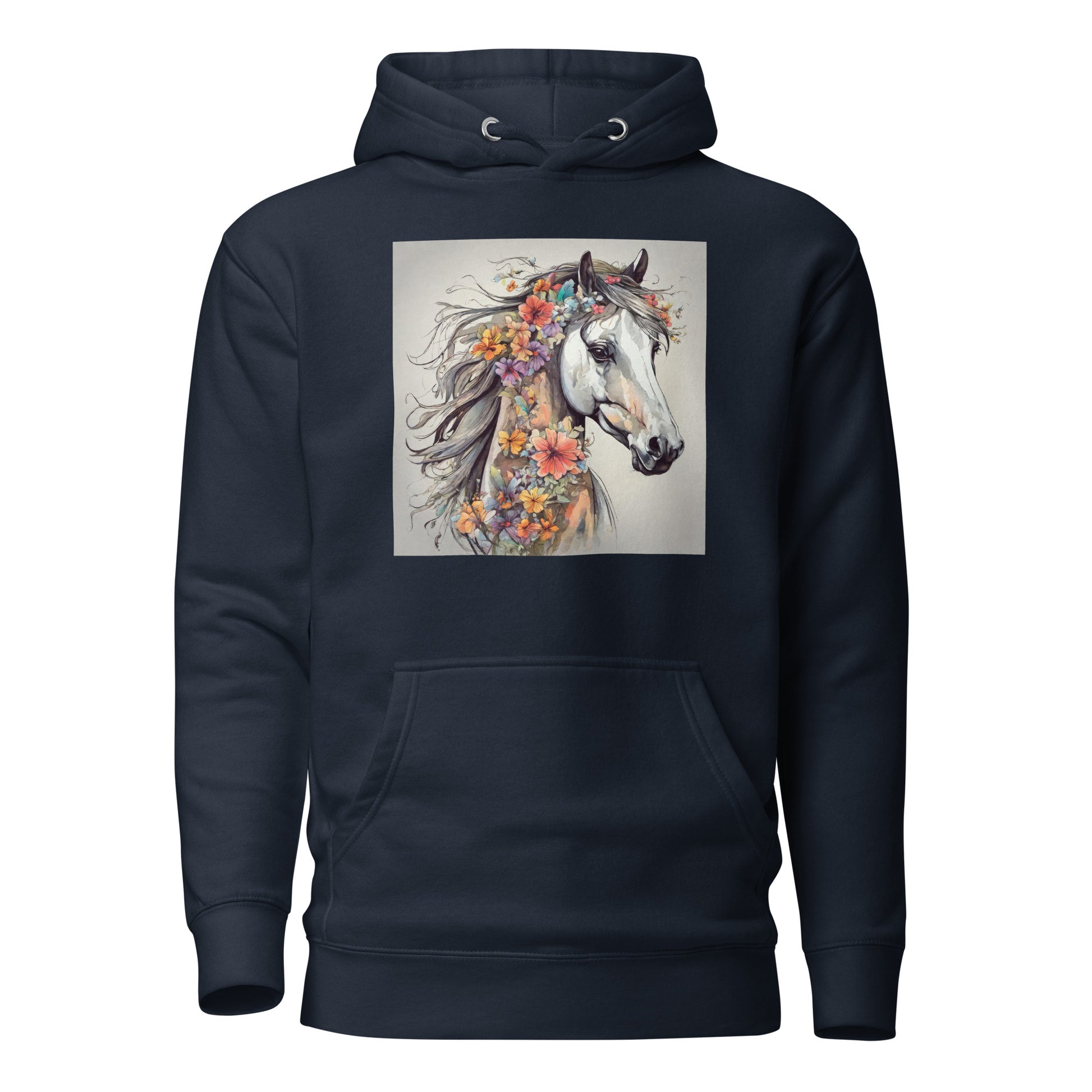 Horse with Flowers Women's Animal Lover Hoodie Navy Blazer