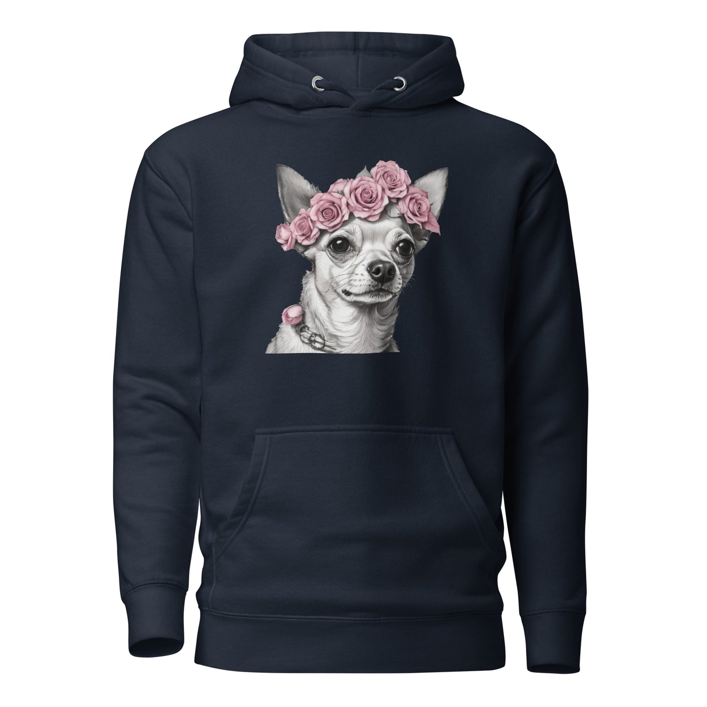 Chihuahua with Pink Rose Wreath Women's Dog Lover Hoodie Navy Blazer