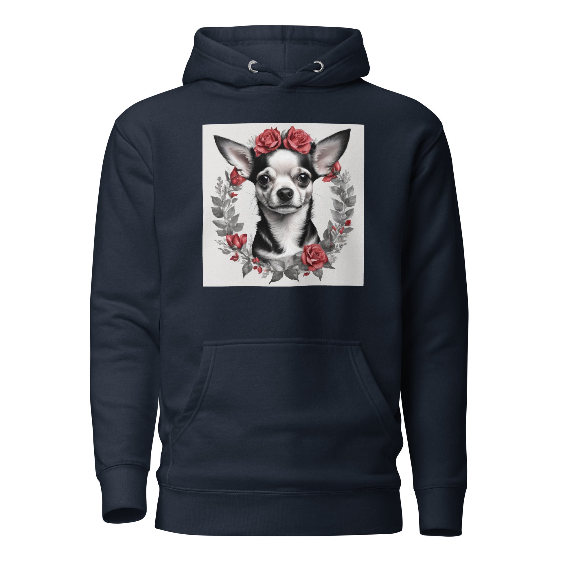 Chihuahua with Red Rose Wreath Women's Dog Lover Hoodie Navy Blazer