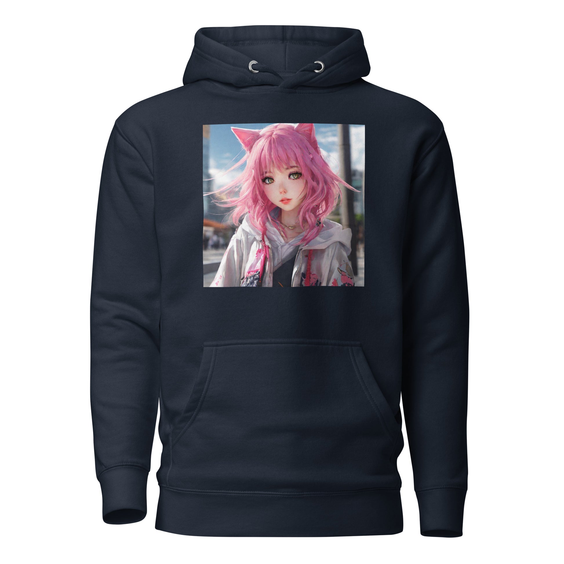 Cute Girl with Cat Ears and Pink Hair Women's Anime Hoodie Navy Blazer