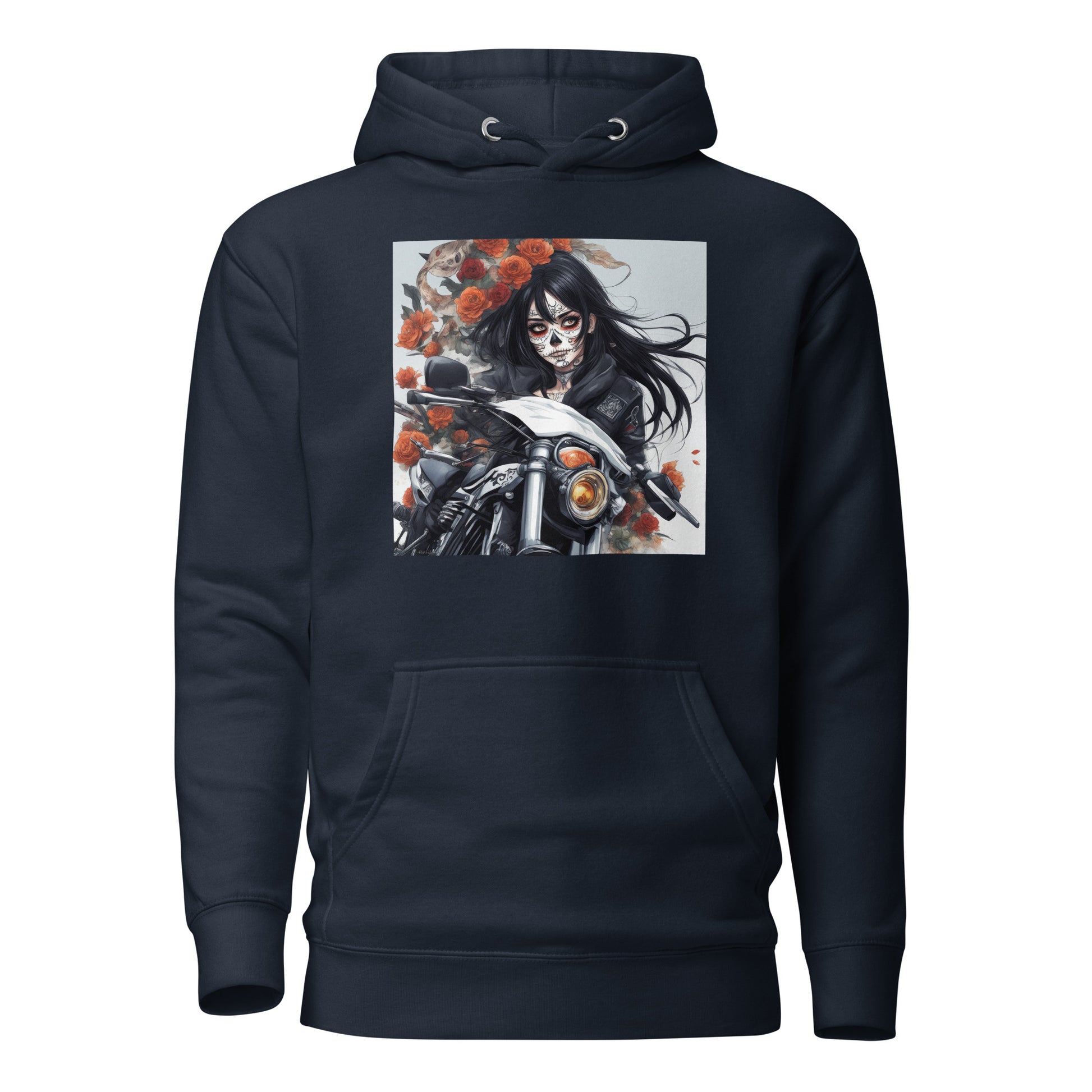 Day of the Dead Biker Close Up Women's Anime Hoodie Navy Blazer