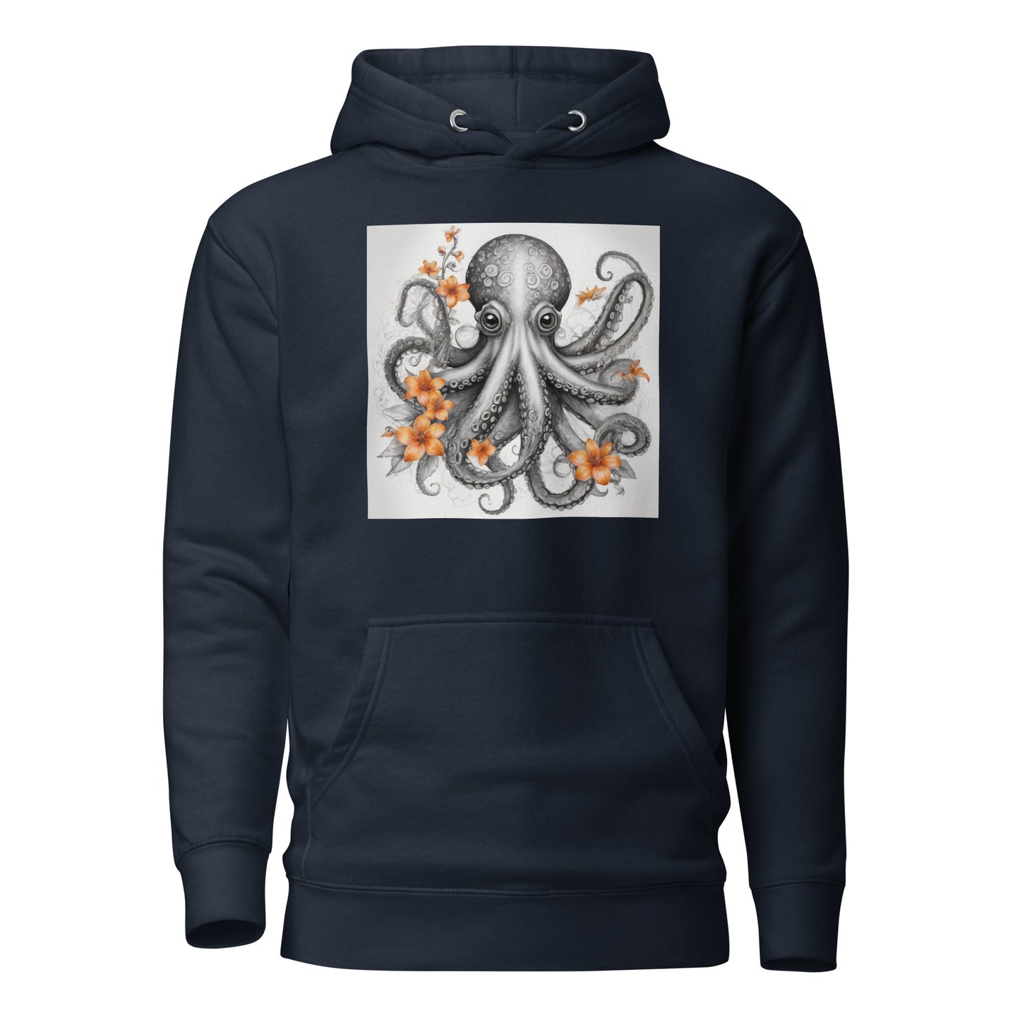 Octopus with Orange Flowers Women's Animal Lover Hoodie Navy Blazer