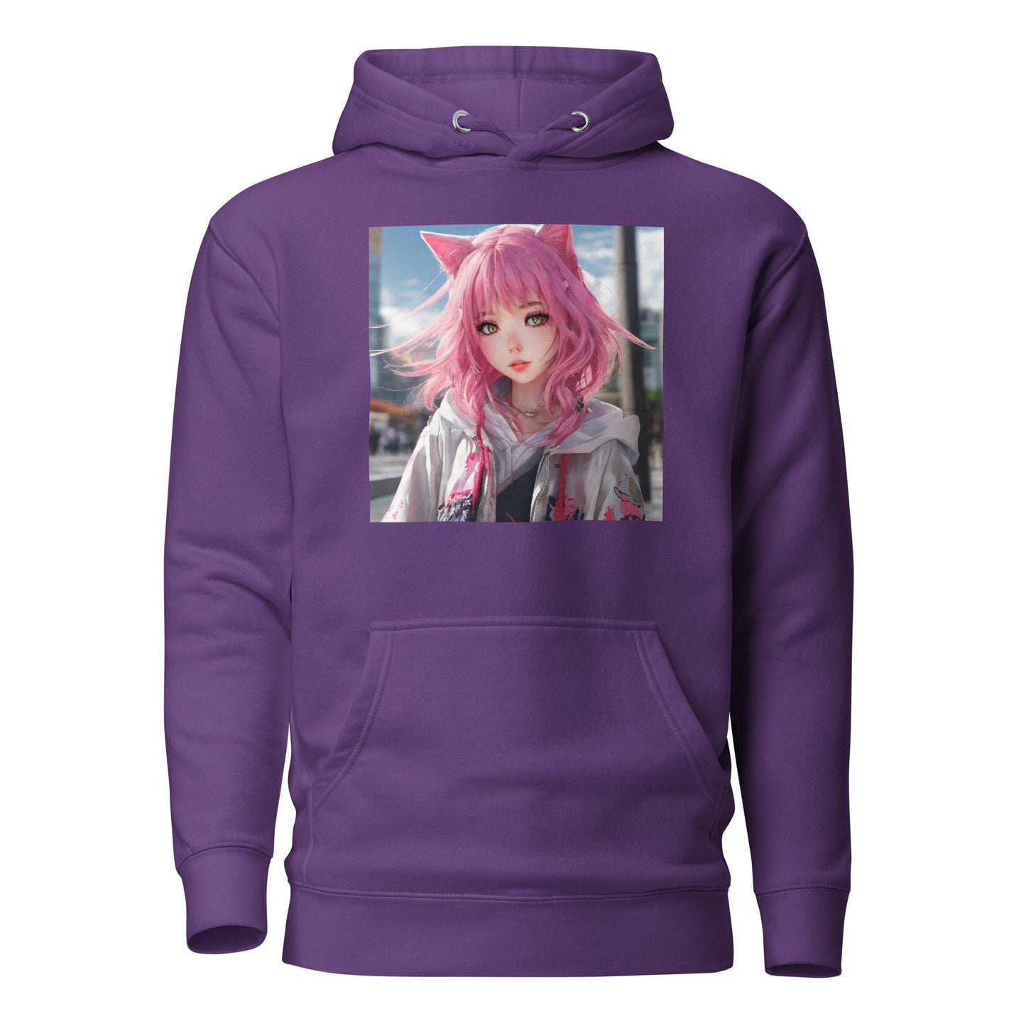 Cute Girl with Cat Ears and Pink Hair Women's Anime Hoodie Purple