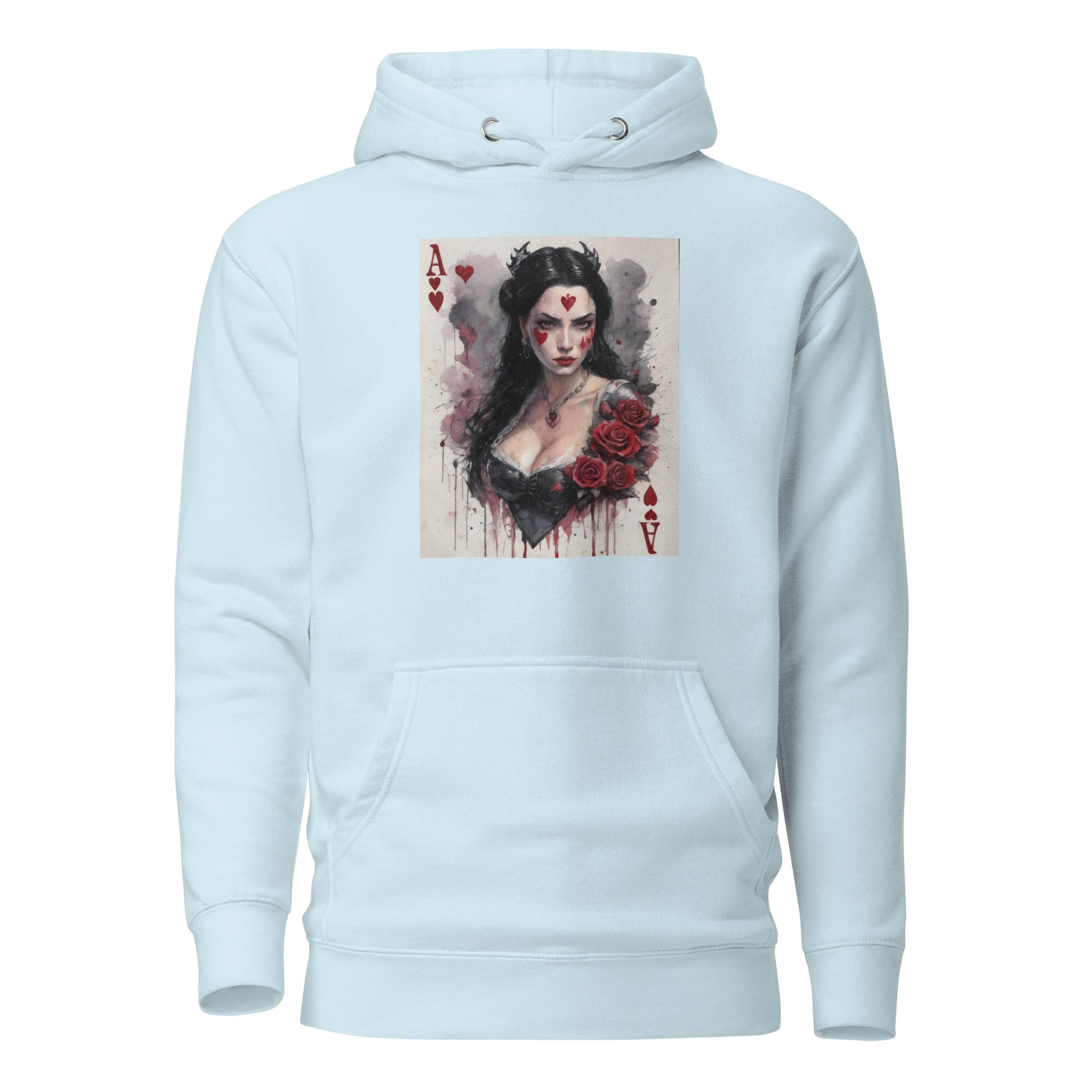 Queen of Hearts Playing Card Women's Hoodie Sky Blue