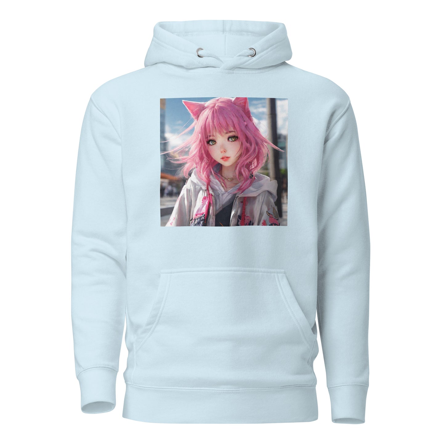 Cute Girl with Cat Ears and Pink Hair Women's Anime Hoodie Sky Blue