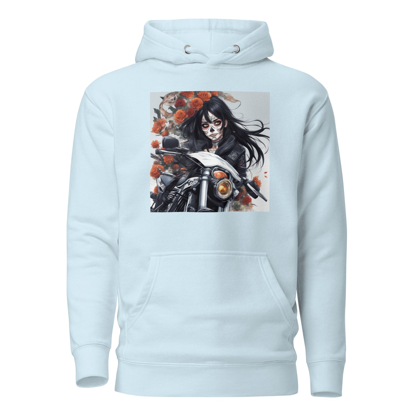 Day of the Dead Biker Close Up Women's Anime Hoodie Sky Blue