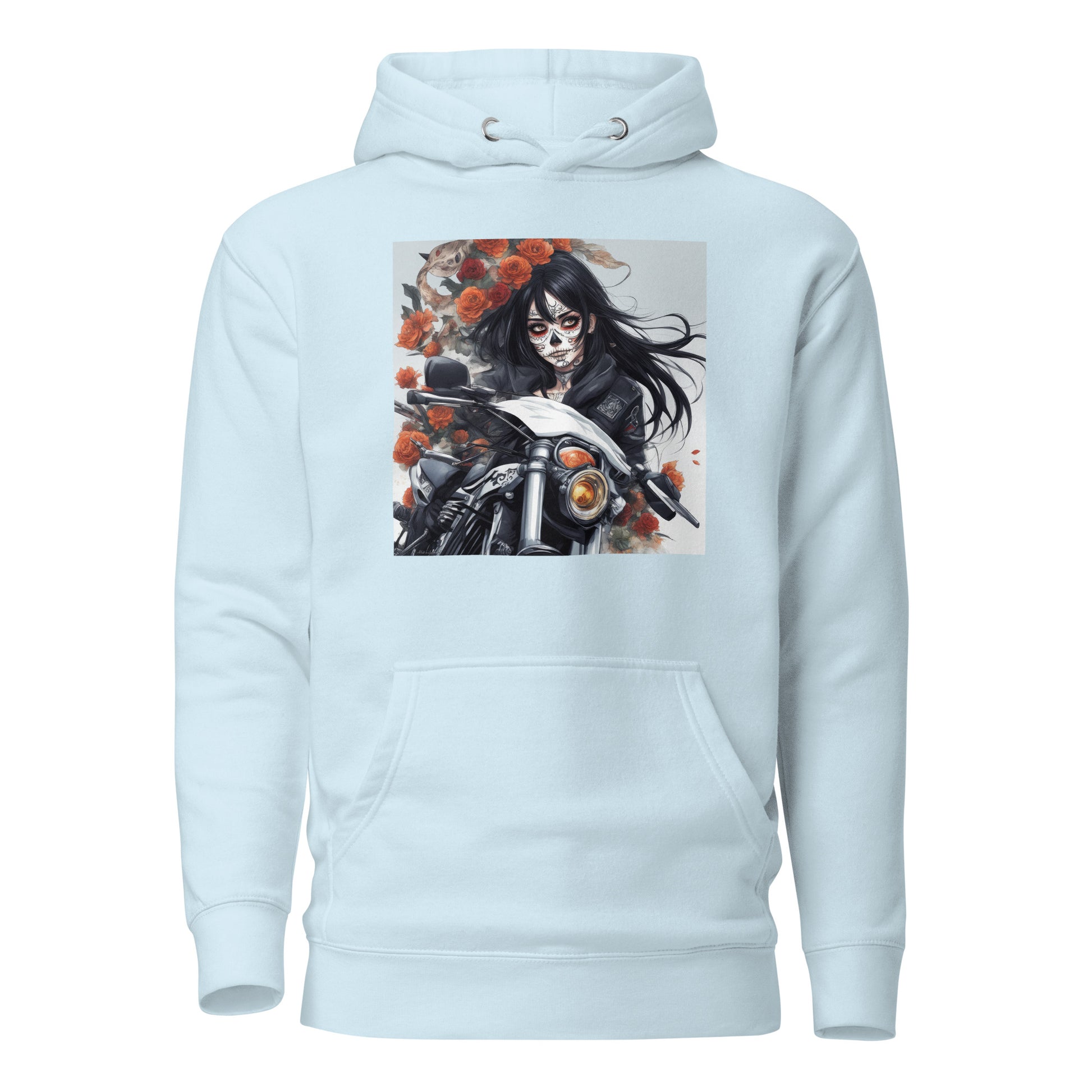 Day of the Dead Biker Close Up Women's Anime Hoodie Sky Blue