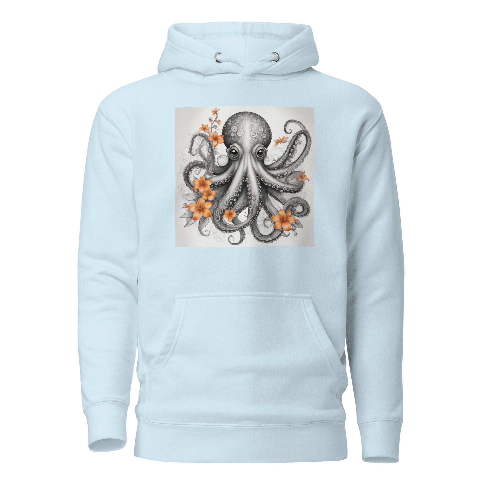 Octopus with Orange Flowers Women's Animal Lover Hoodie Sky Blue