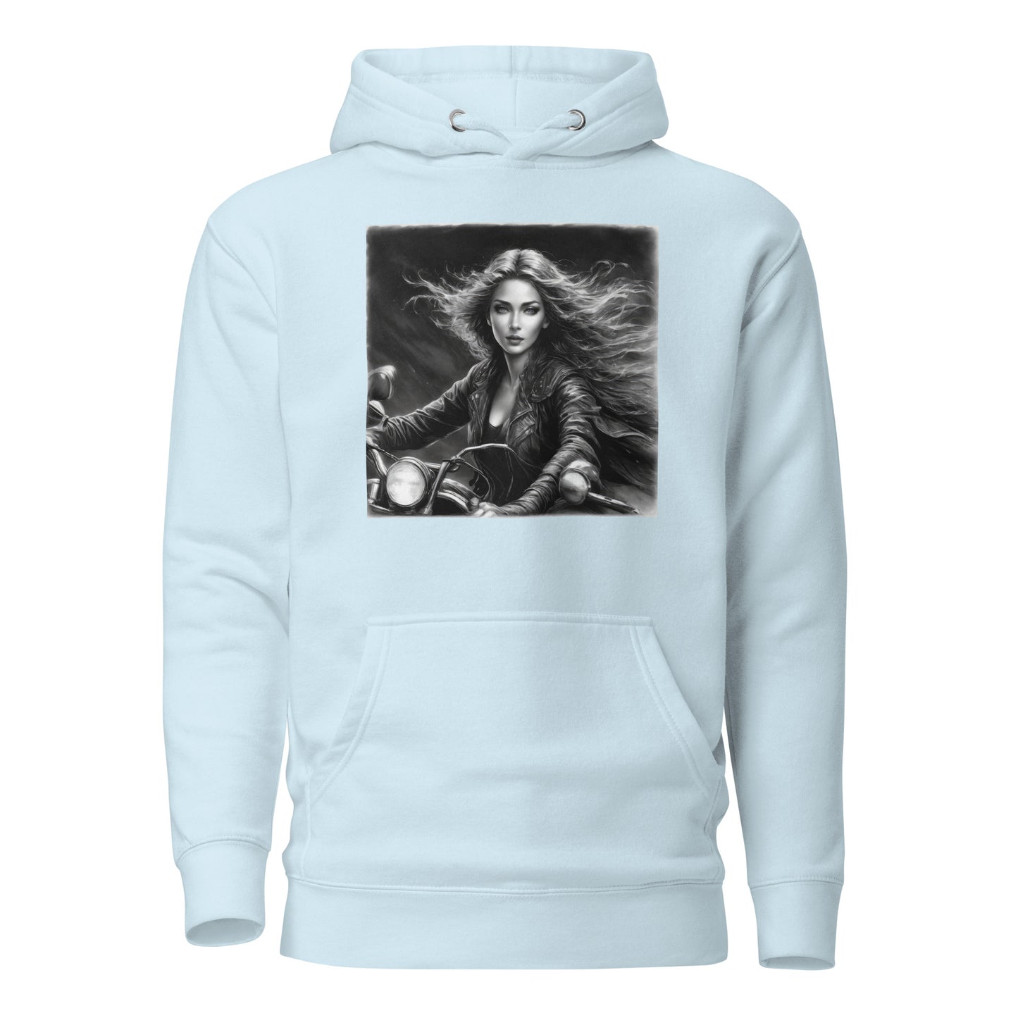 Woman Riding Motorcycle Hoodie Sky Blue