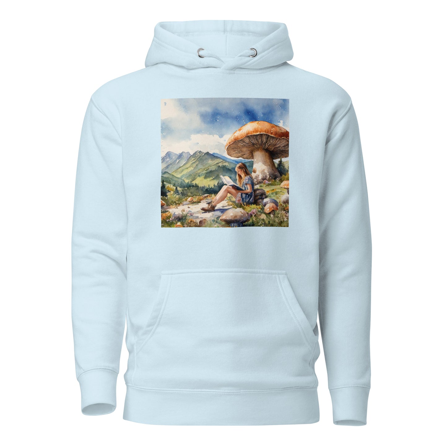 Woman Reading a Book under Large Mushroom Women's Book Lover Hoodie Sky Blue