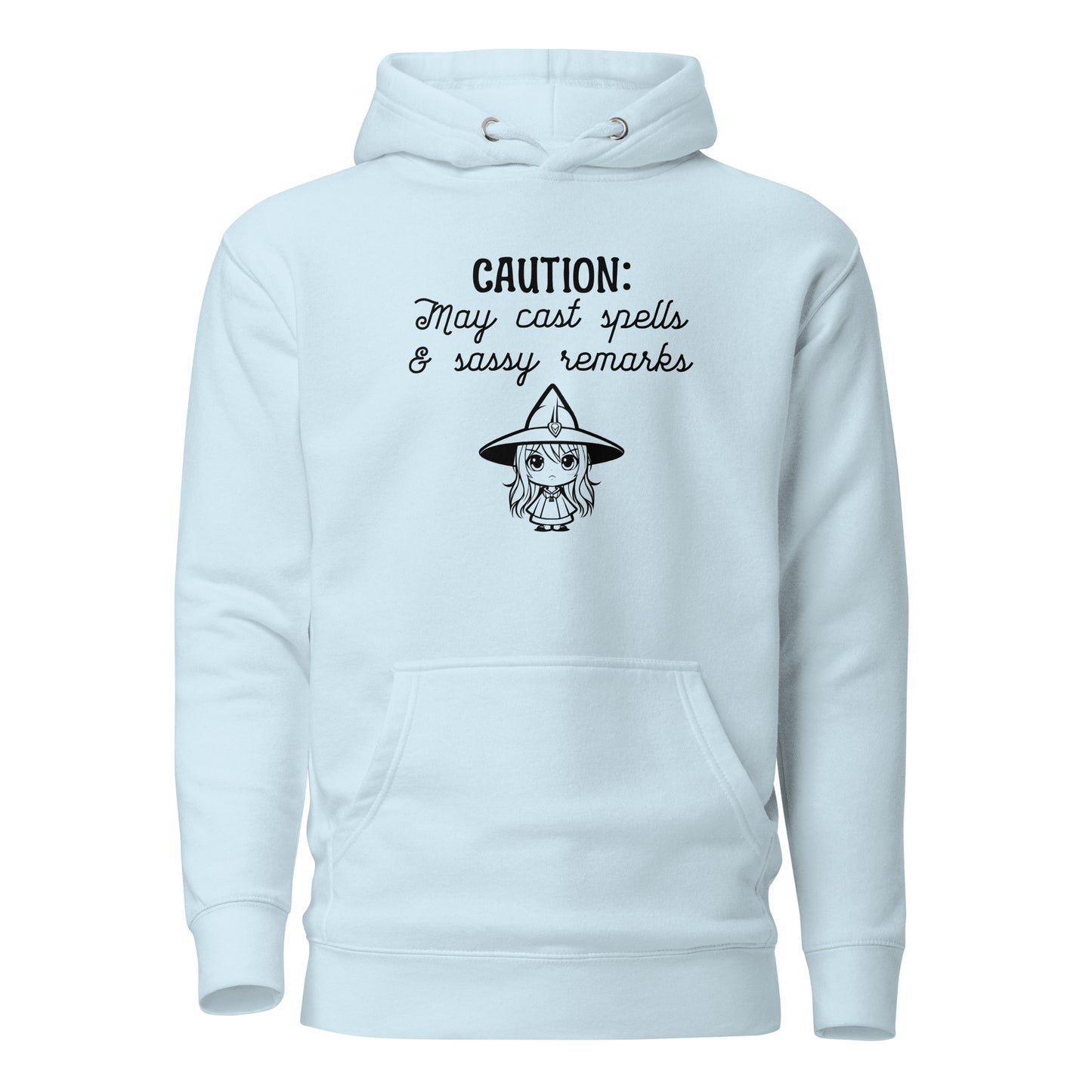 CAUTION: May Cast Spells & Sassy Remarks Women's Halloween Hoodie Sky Blue