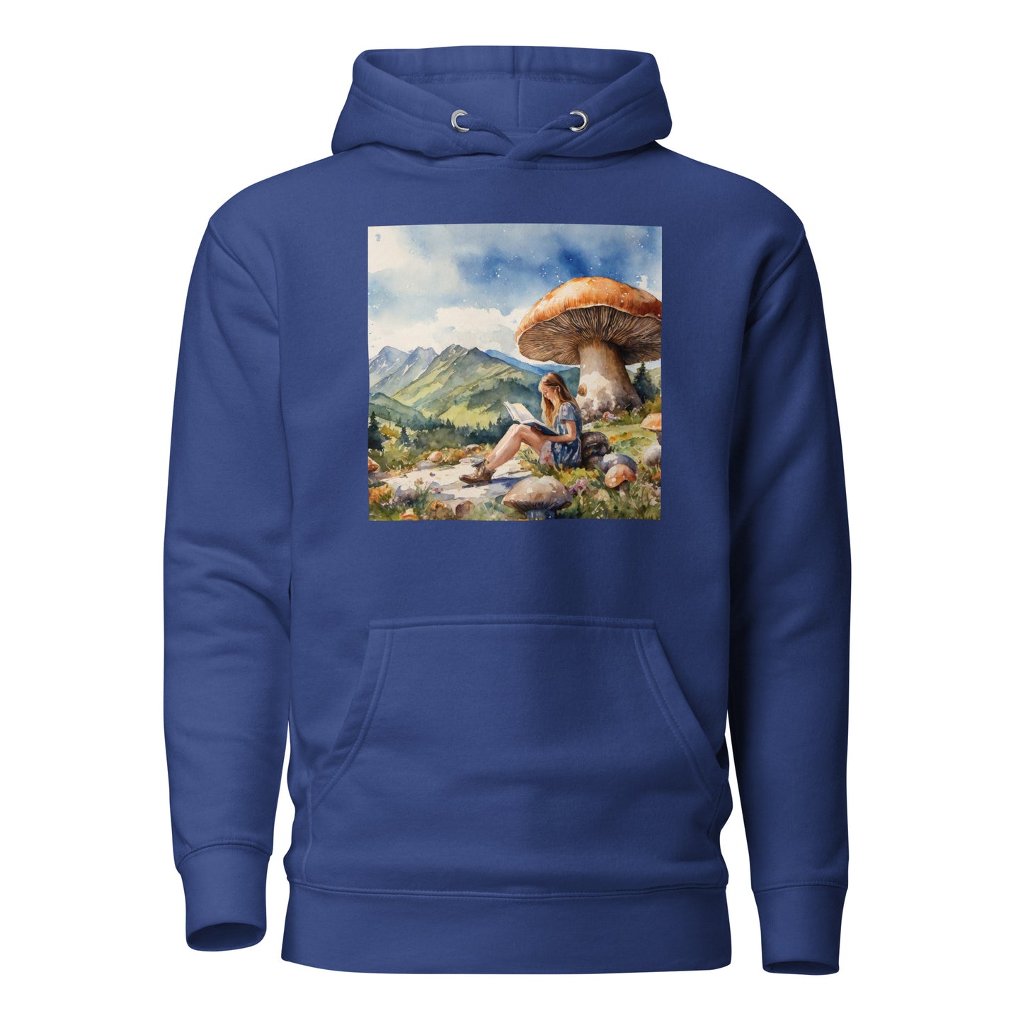 Woman Reading a Book under Large Mushroom Women's Book Lover Hoodie Team Royal