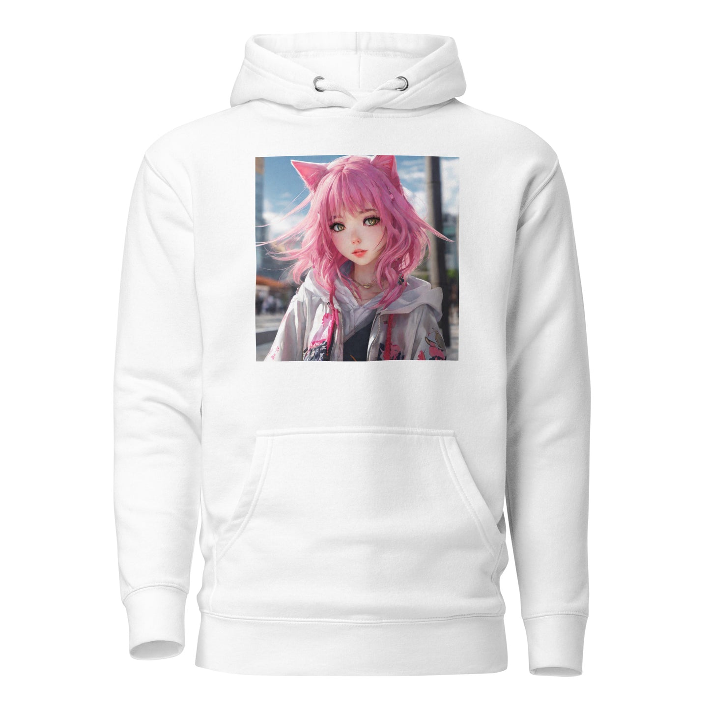 Cute Girl with Cat Ears and Pink Hair Women's Anime Hoodie White