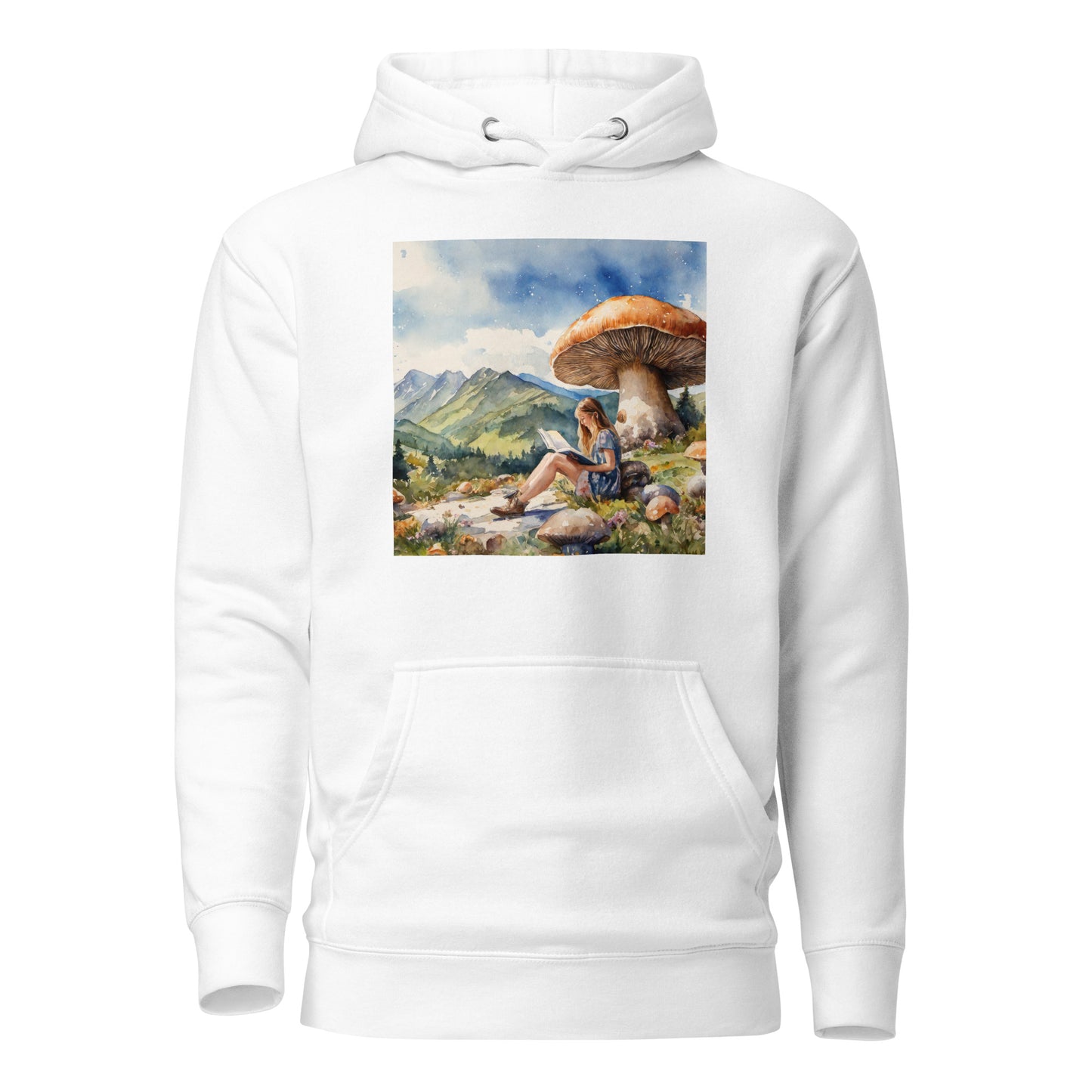 Woman Reading a Book under Large Mushroom Women's Book Lover Hoodie White