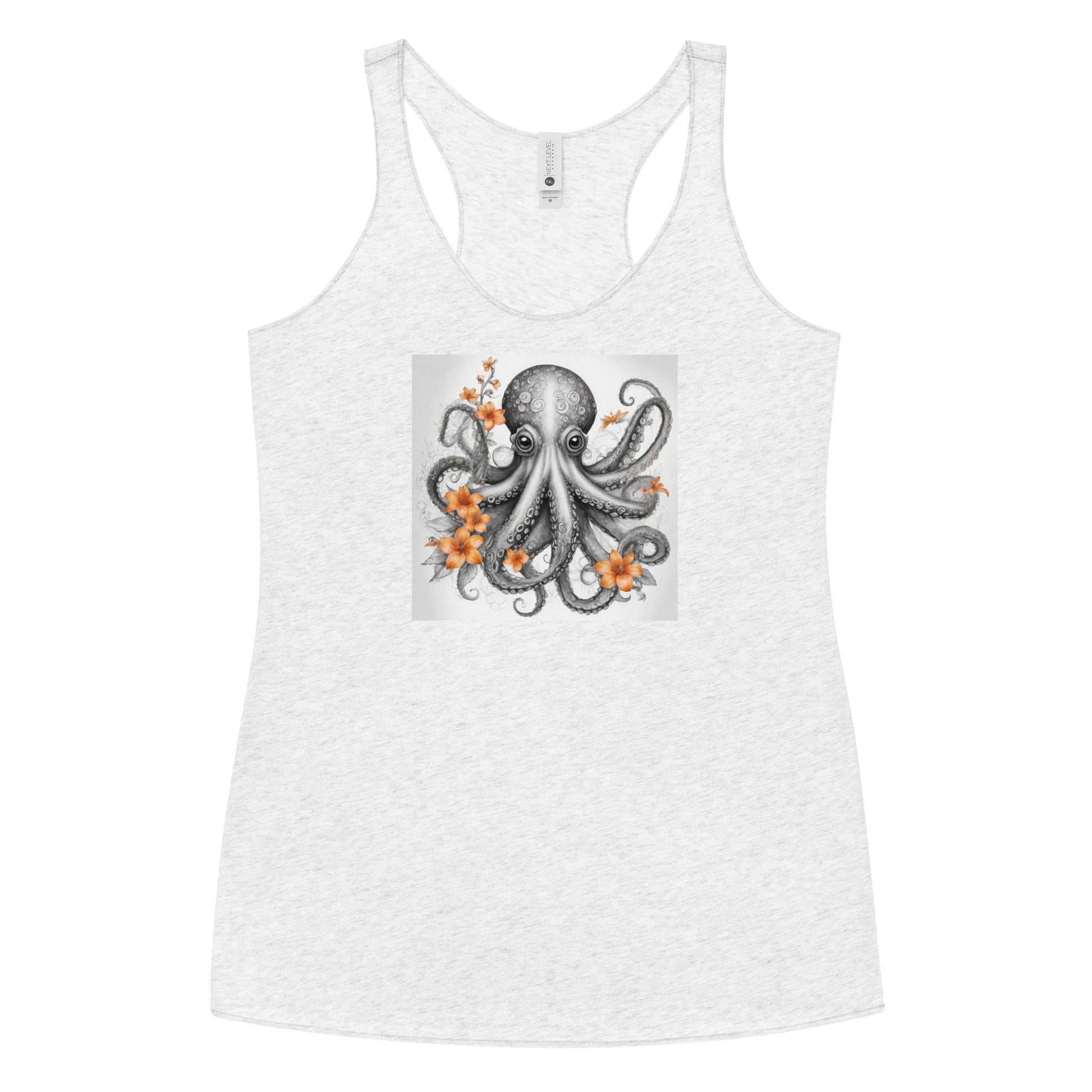 Octopus with Orange Flowers Women's Animal Lover Racerback Tank Top Heather White