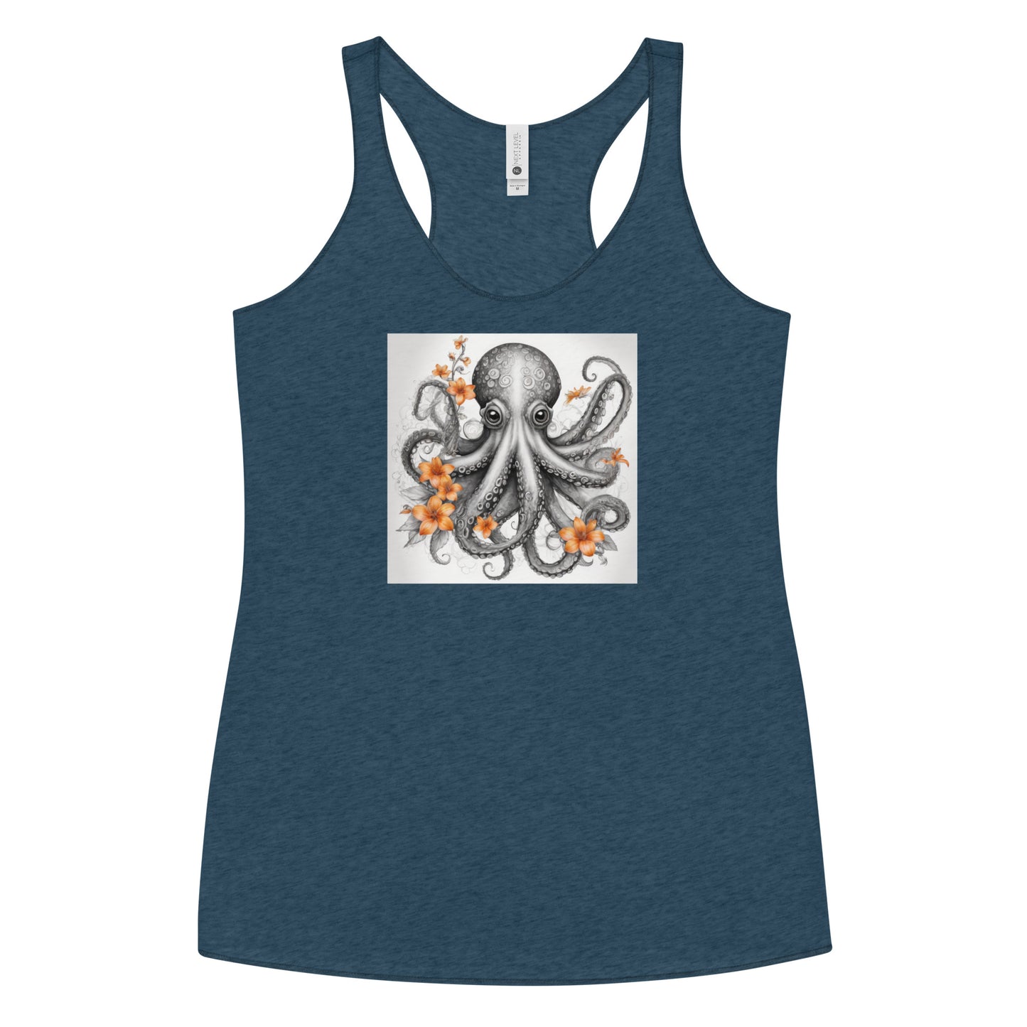 Octopus with Orange Flowers Women's Animal Lover Racerback Tank Top Indigo