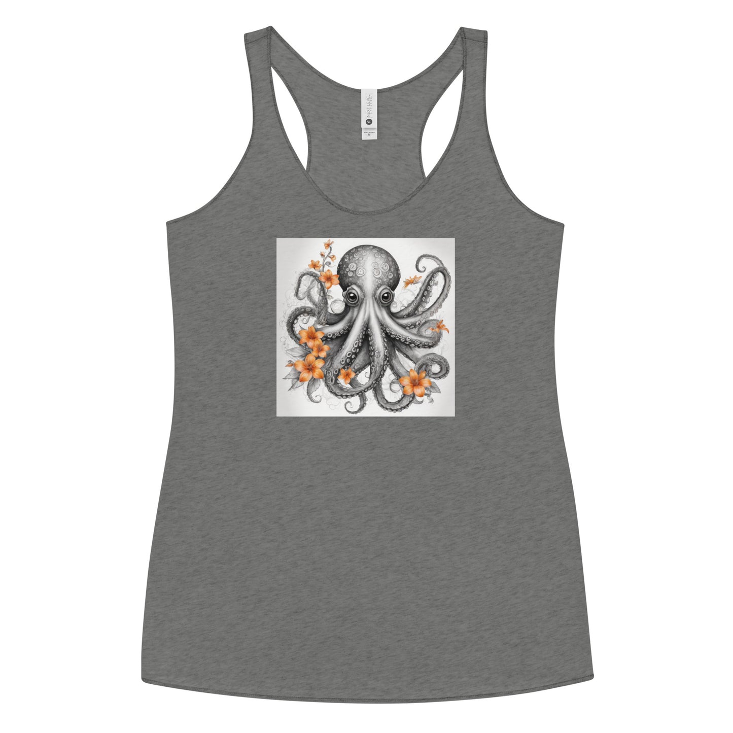 Octopus with Orange Flowers Women's Animal Lover Racerback Tank Top Premium Heather