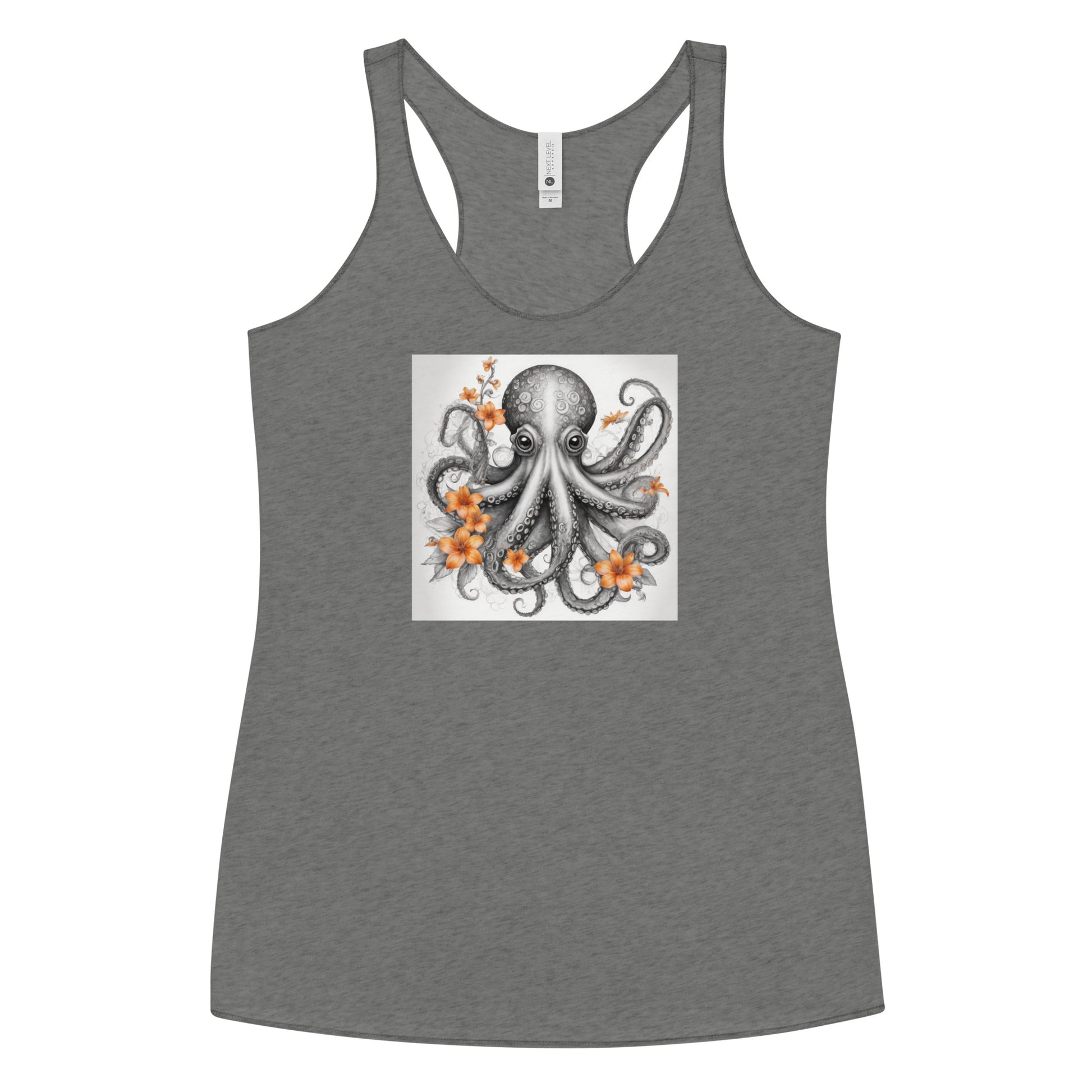 Octopus with Orange Flowers Women's Animal Lover Racerback Tank Top Premium Heather