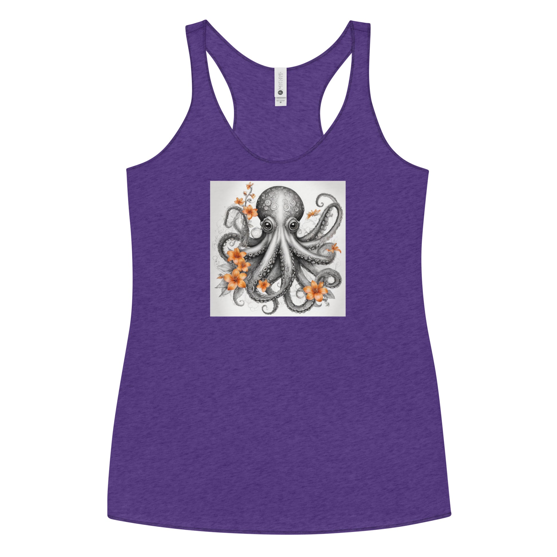 Octopus with Orange Flowers Women's Animal Lover Racerback Tank Top Purple Rush