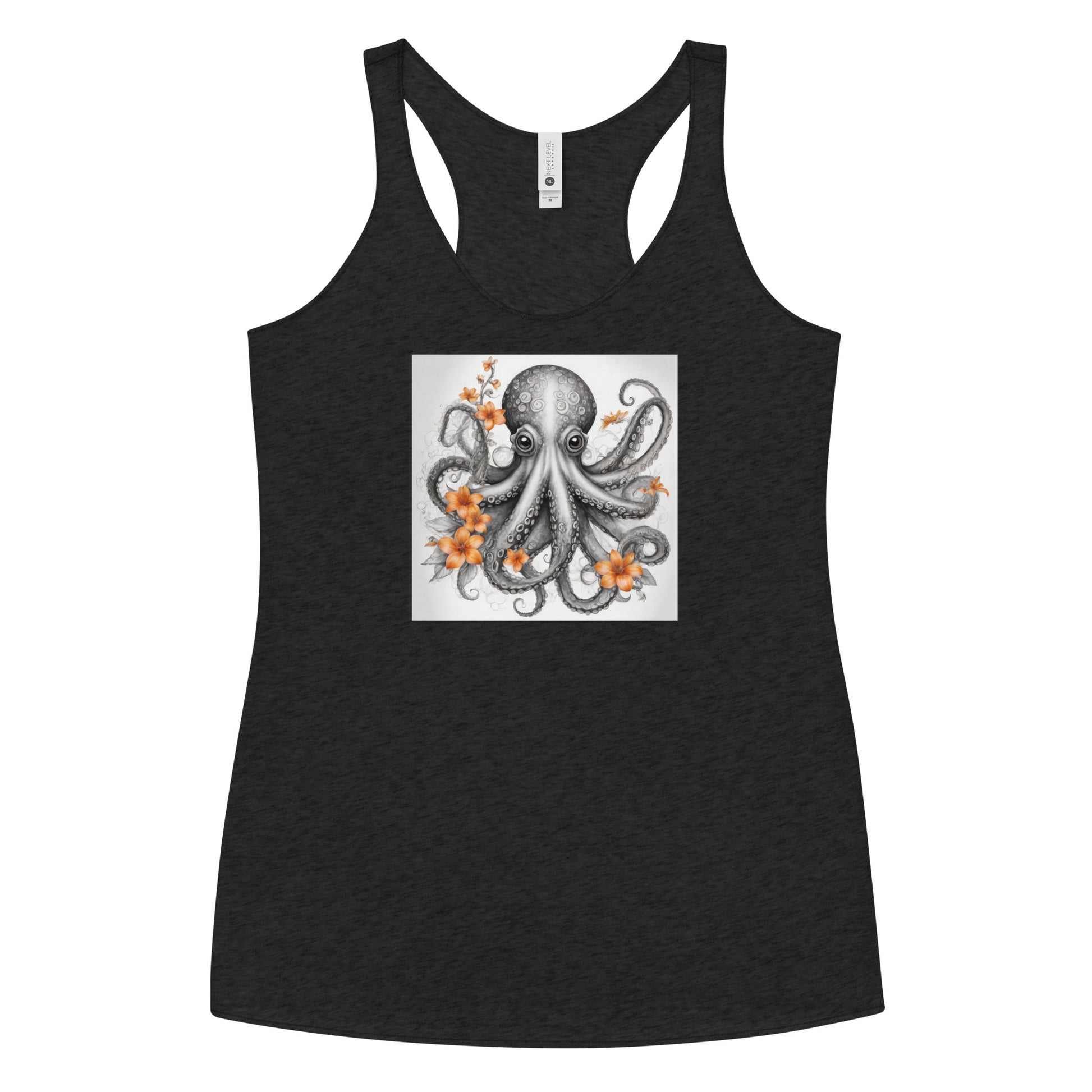 Octopus with Orange Flowers Women's Animal Lover Racerback Tank Top Vintage Black