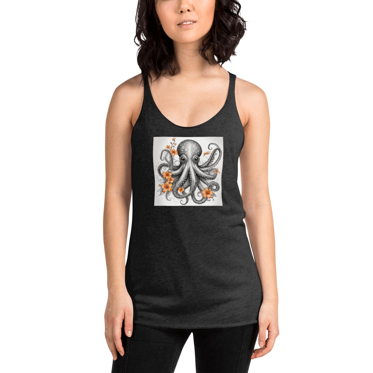 Octopus with Orange Flowers Women's Animal Lover Racerback Tank Top