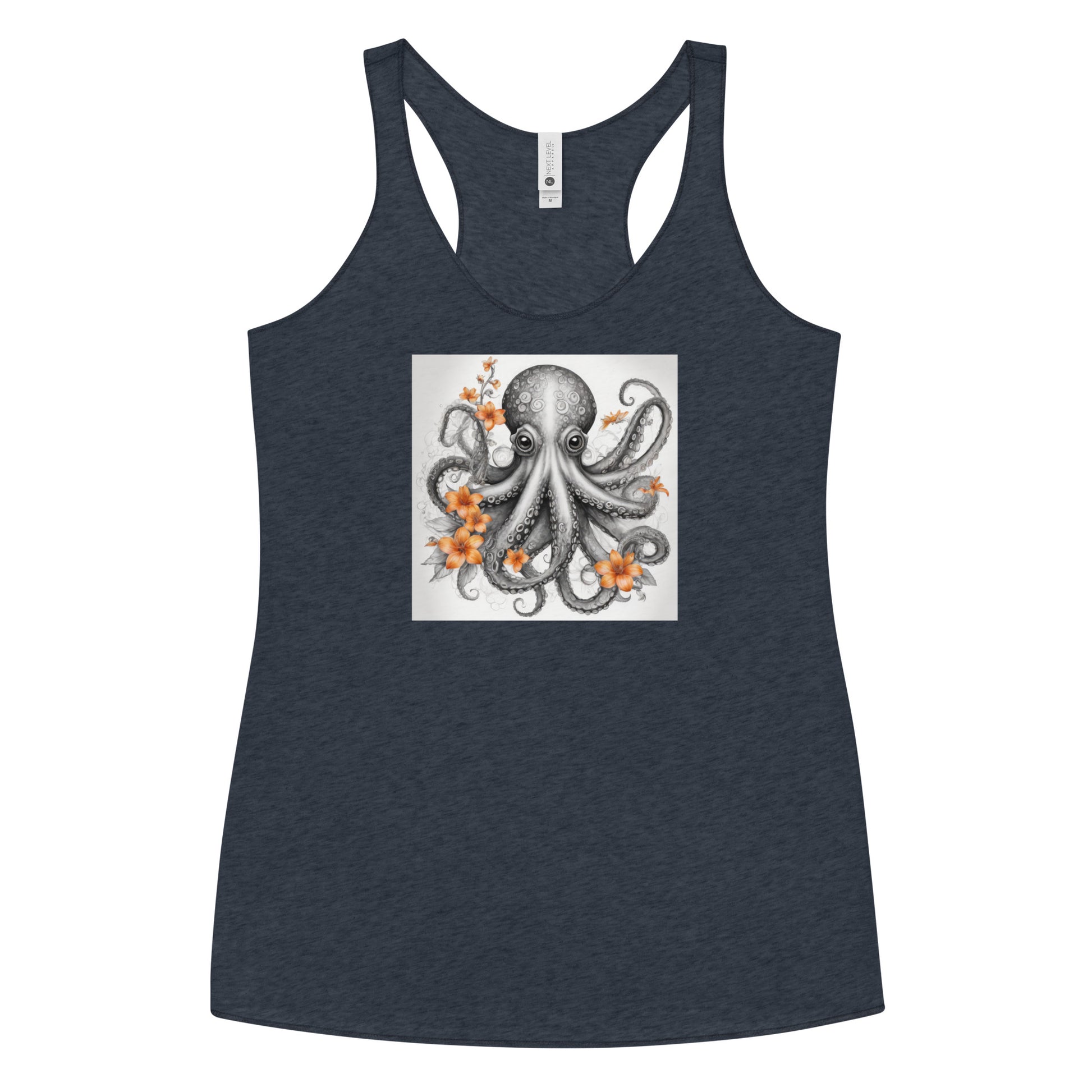 Octopus with Orange Flowers Women's Animal Lover Racerback Tank Top Vintage Navy