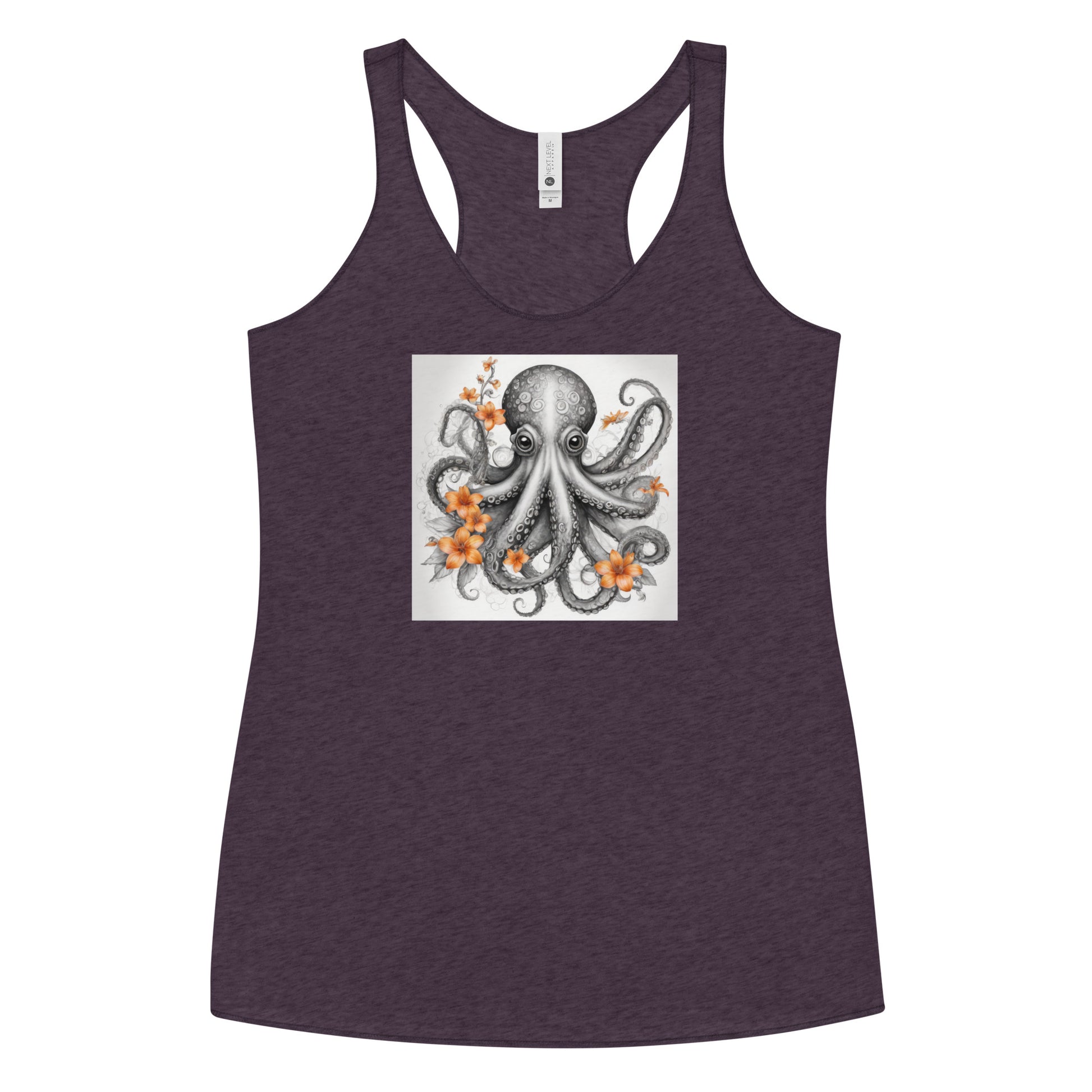 Octopus with Orange Flowers Women's Animal Lover Racerback Tank Top Vintage Purple