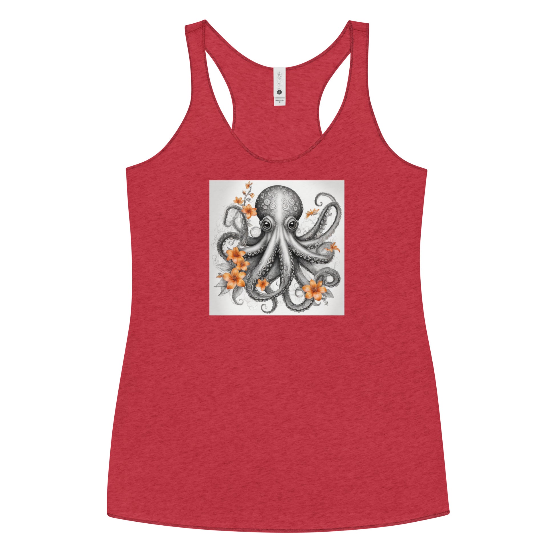 Octopus with Orange Flowers Women's Animal Lover Racerback Tank Top Vintage Red