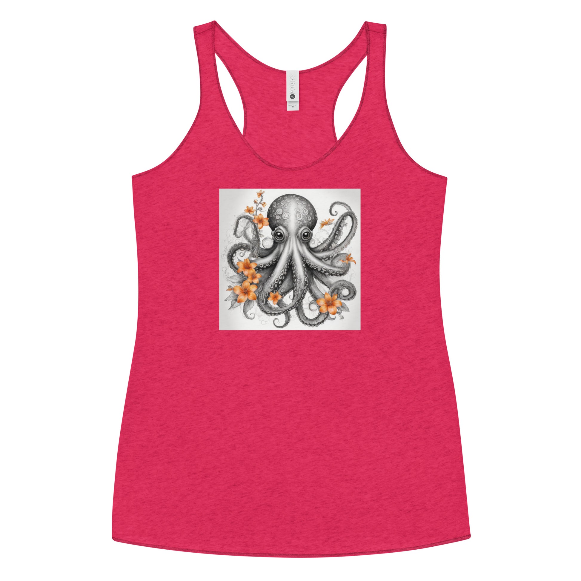 Octopus with Orange Flowers Women's Animal Lover Racerback Tank Top Vintage Shocking Pink