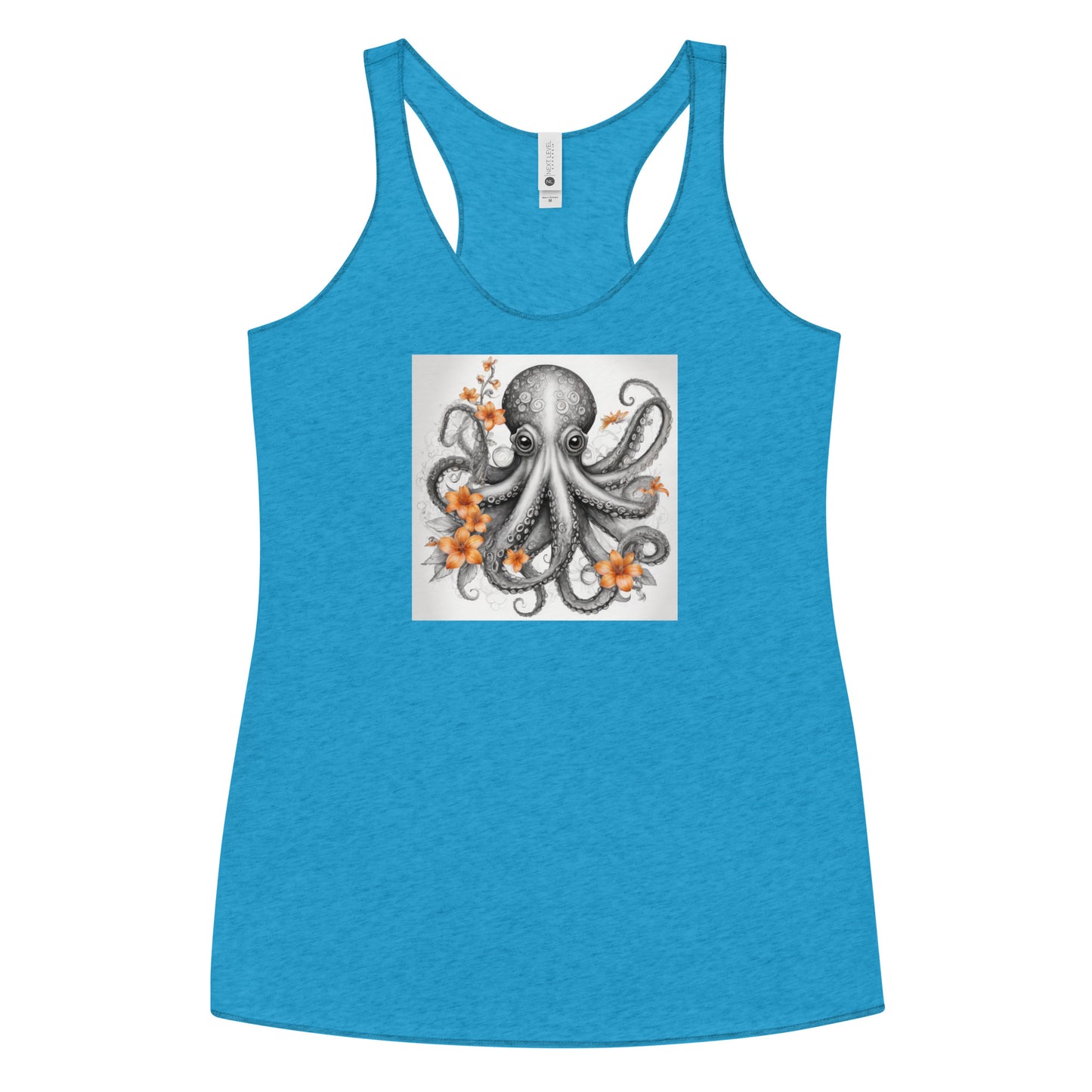 Octopus with Orange Flowers Women's Animal Lover Racerback Tank Top Vintage Turquoise