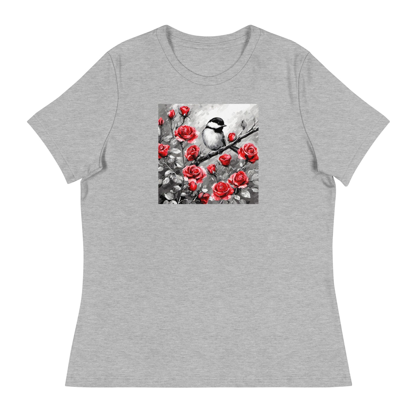 Chickadee Among Roses Women's Bird Lover T-Shirt Athletic Heather