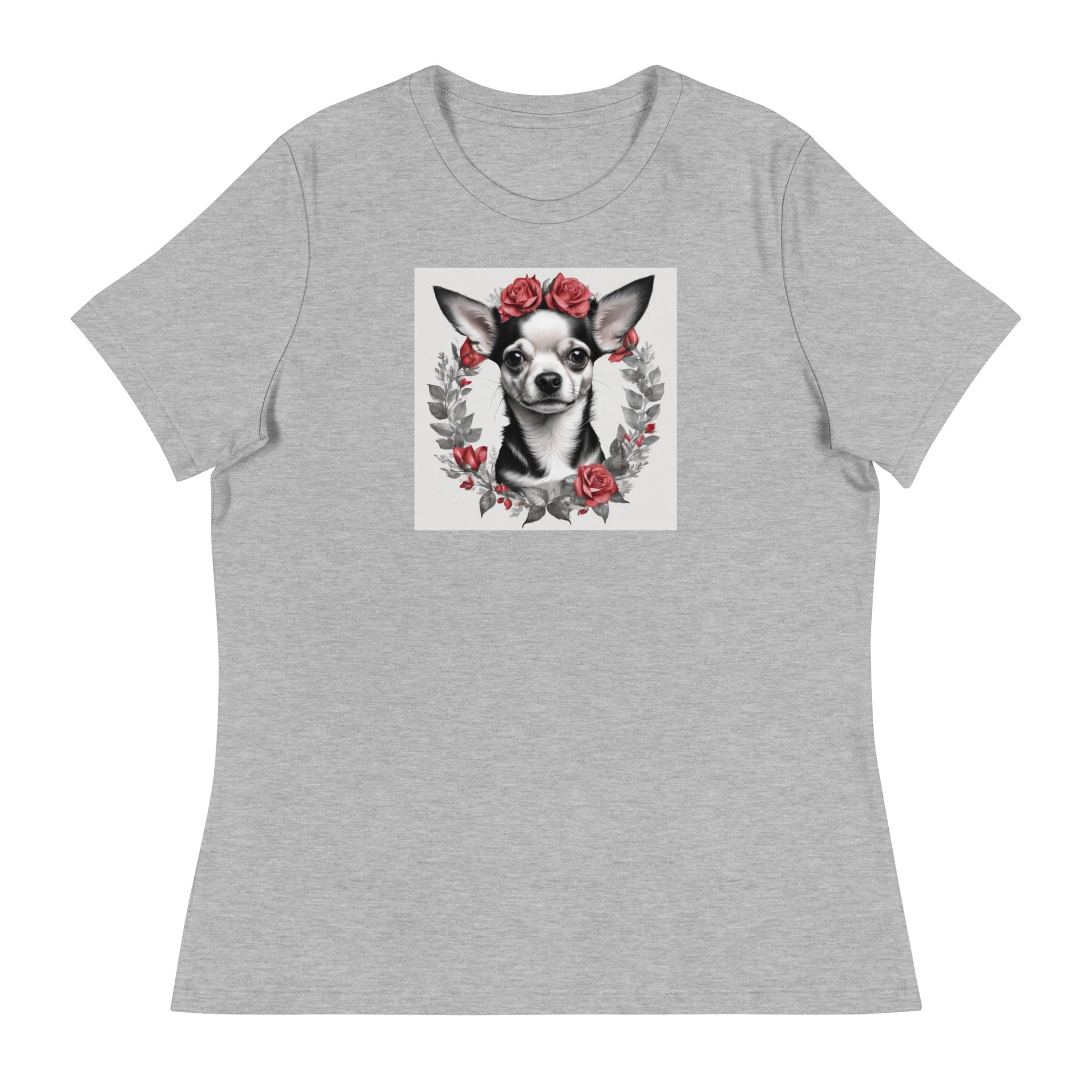 Chihuahua with Red Rose Wreath Women's Dog Lover T-Shirt Athletic Heather