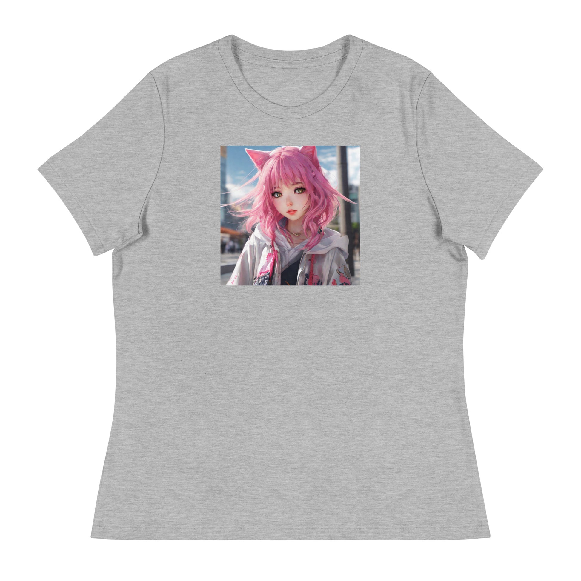 Cute Girl with Cat Ears and Pink Hair Women's Anime T-Shirt Athletic Heather