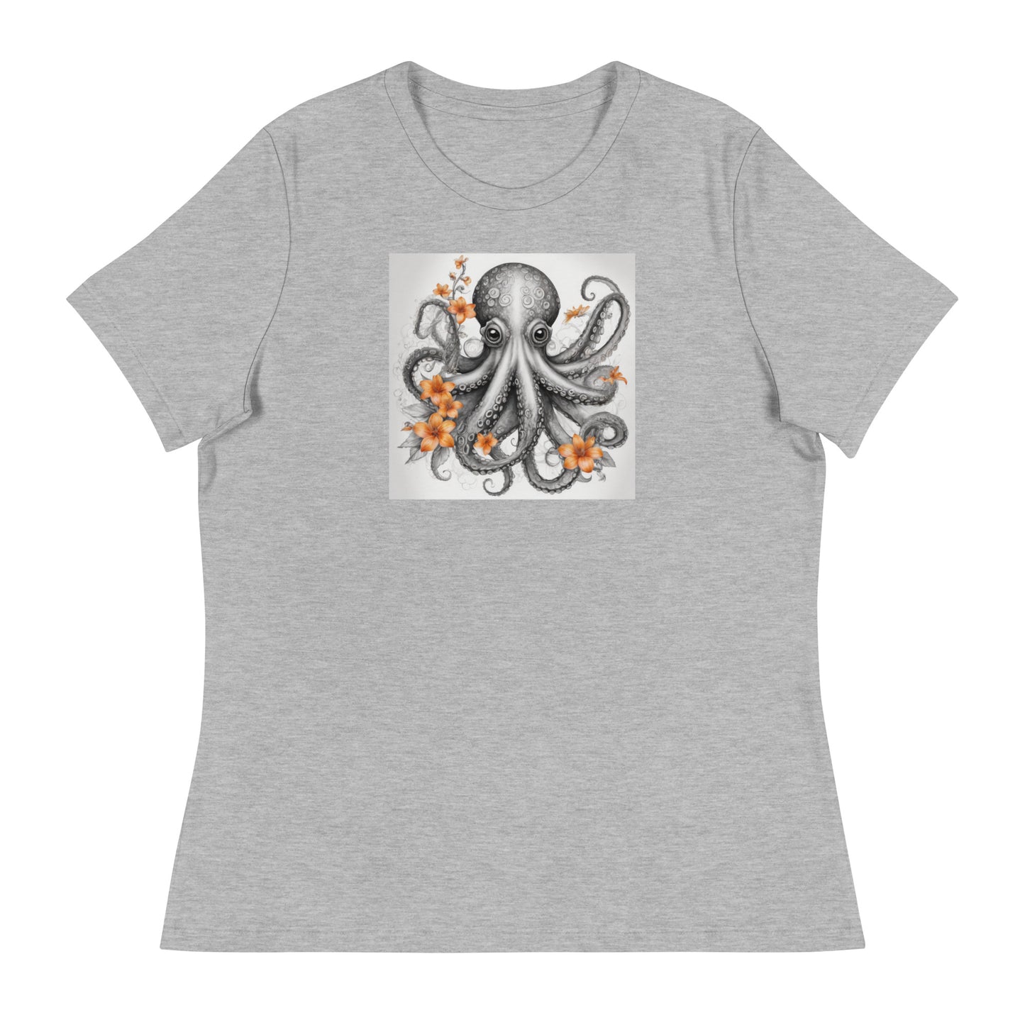 Octopus with Orange Flowers Women's Animal Lover T-Shirt Athletic Heather