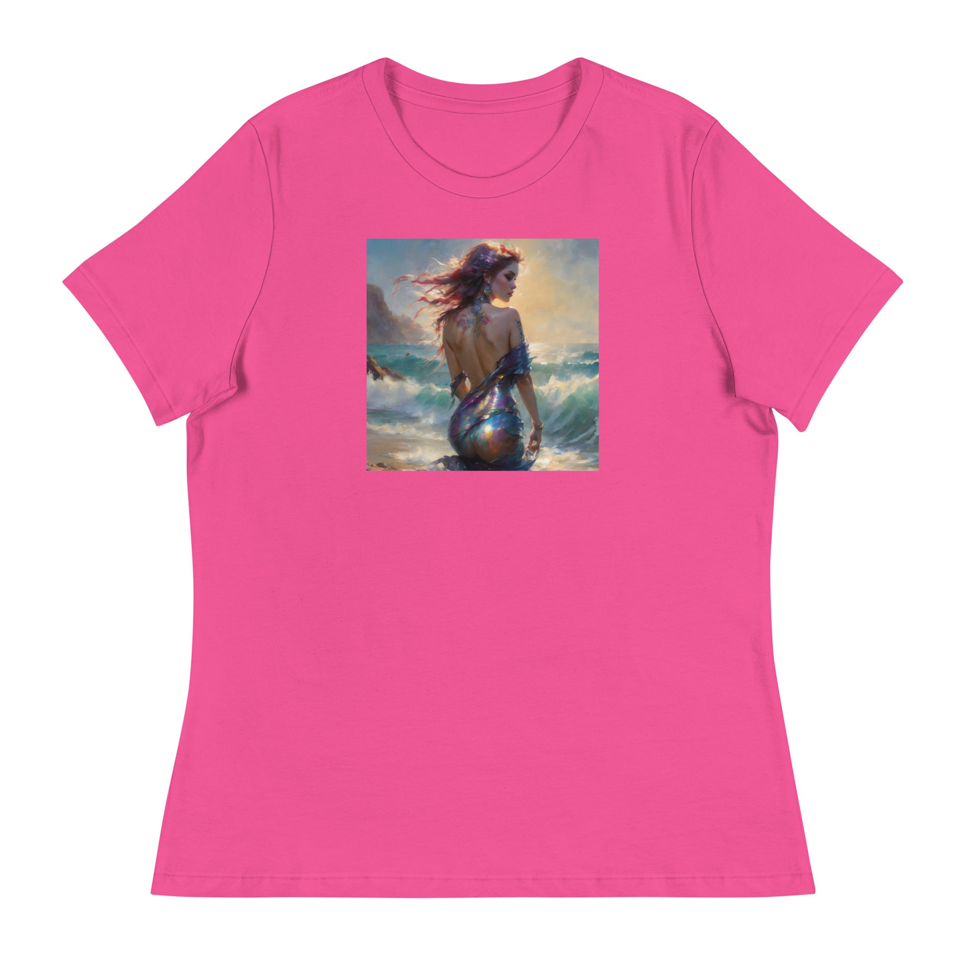 Enchanting Mermaid on Beach Women's Fantasy T-Shirt Berry