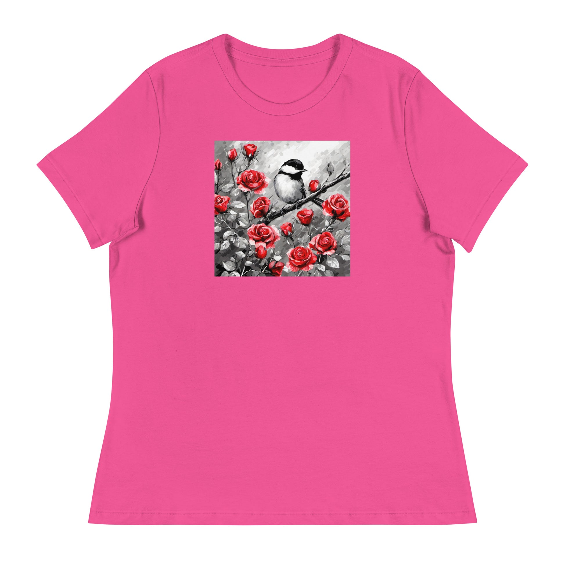 Chickadee Among Roses Women's Bird Lover T-Shirt Berry