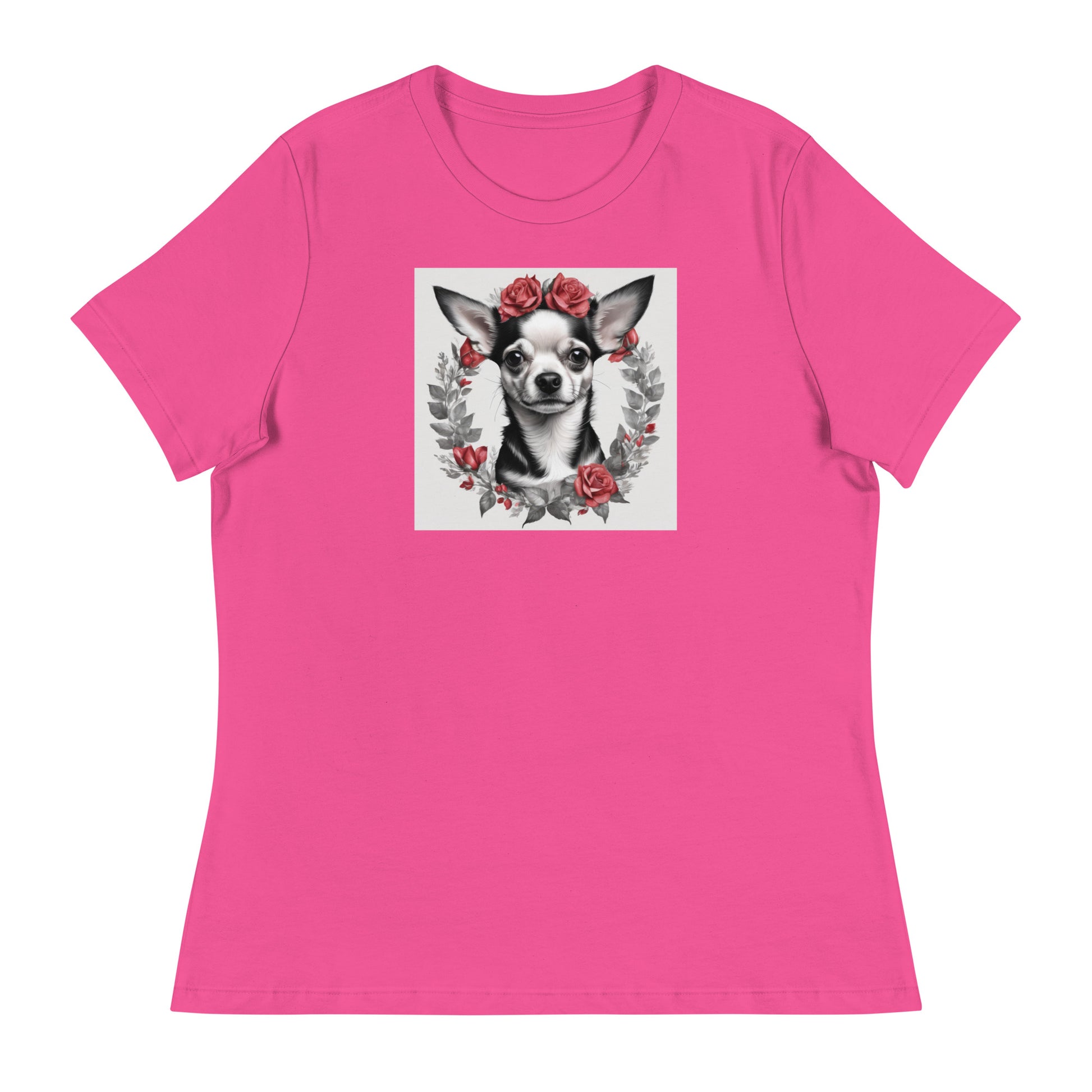 Chihuahua with Red Rose Wreath Women's Dog Lover T-Shirt Berry